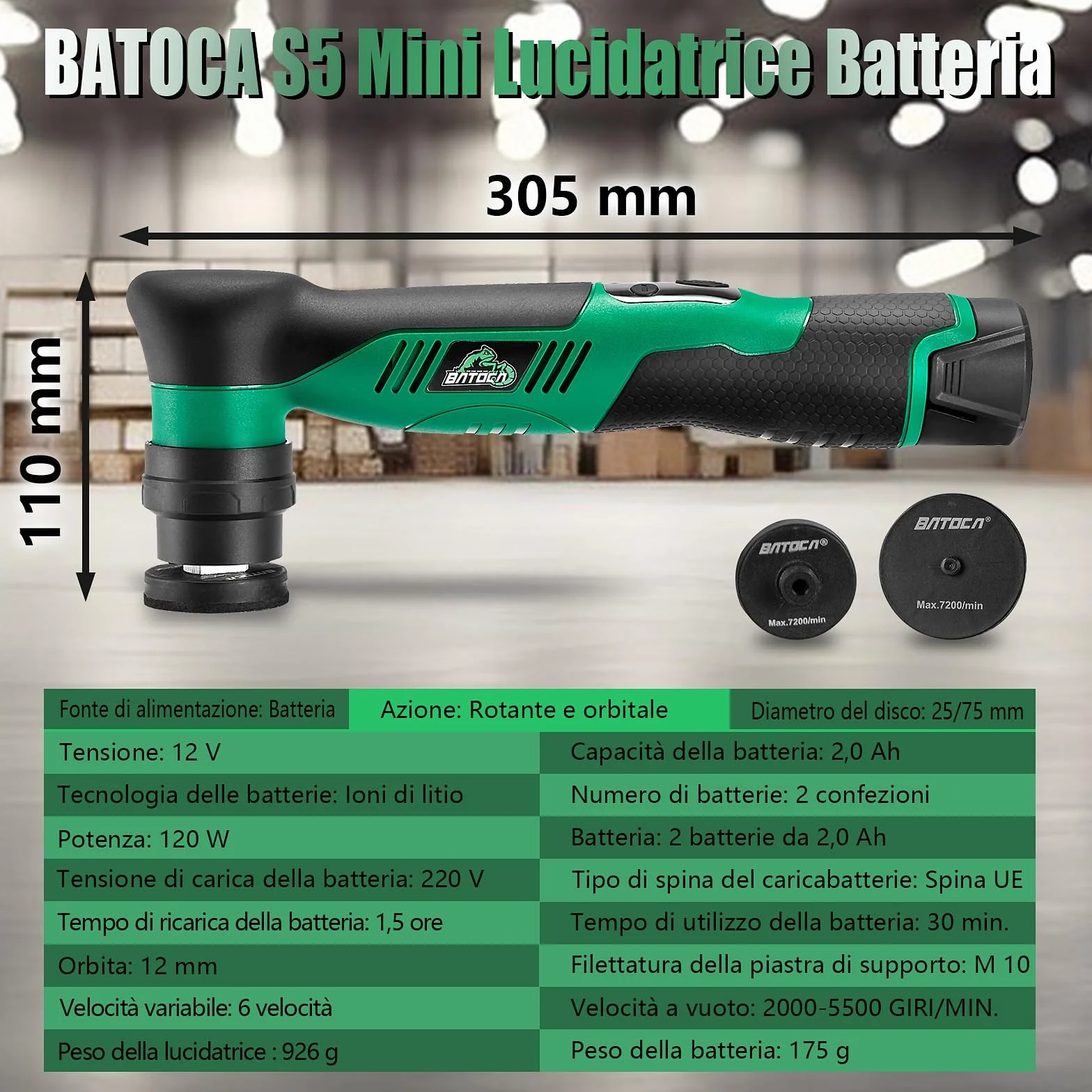 BATOCA S5 Mini Lucidatrice a Batteria 12V 2000-5500RPM Set per Dettagli Cura della Vernice DA&RO