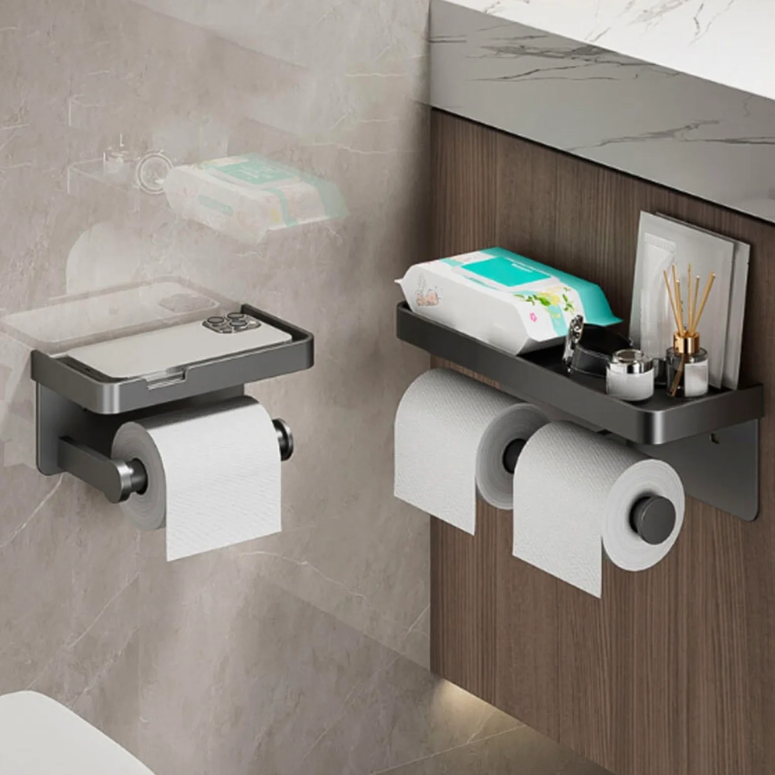 LYGSWDB Portarotolo Carta igienica a Parete Doppio Rotolo portarotolo Carta igienica con ripiano Montaggio a Parete Autoadesivo per Bagno Cucina (Bianco)