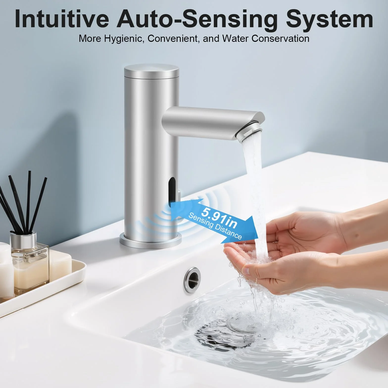 MINRS Rubinetto automatico a infrarossi acqua fredda e calda, sensore lavandino, temperatura regolabile 0-55°C, 2 tubi, batteria