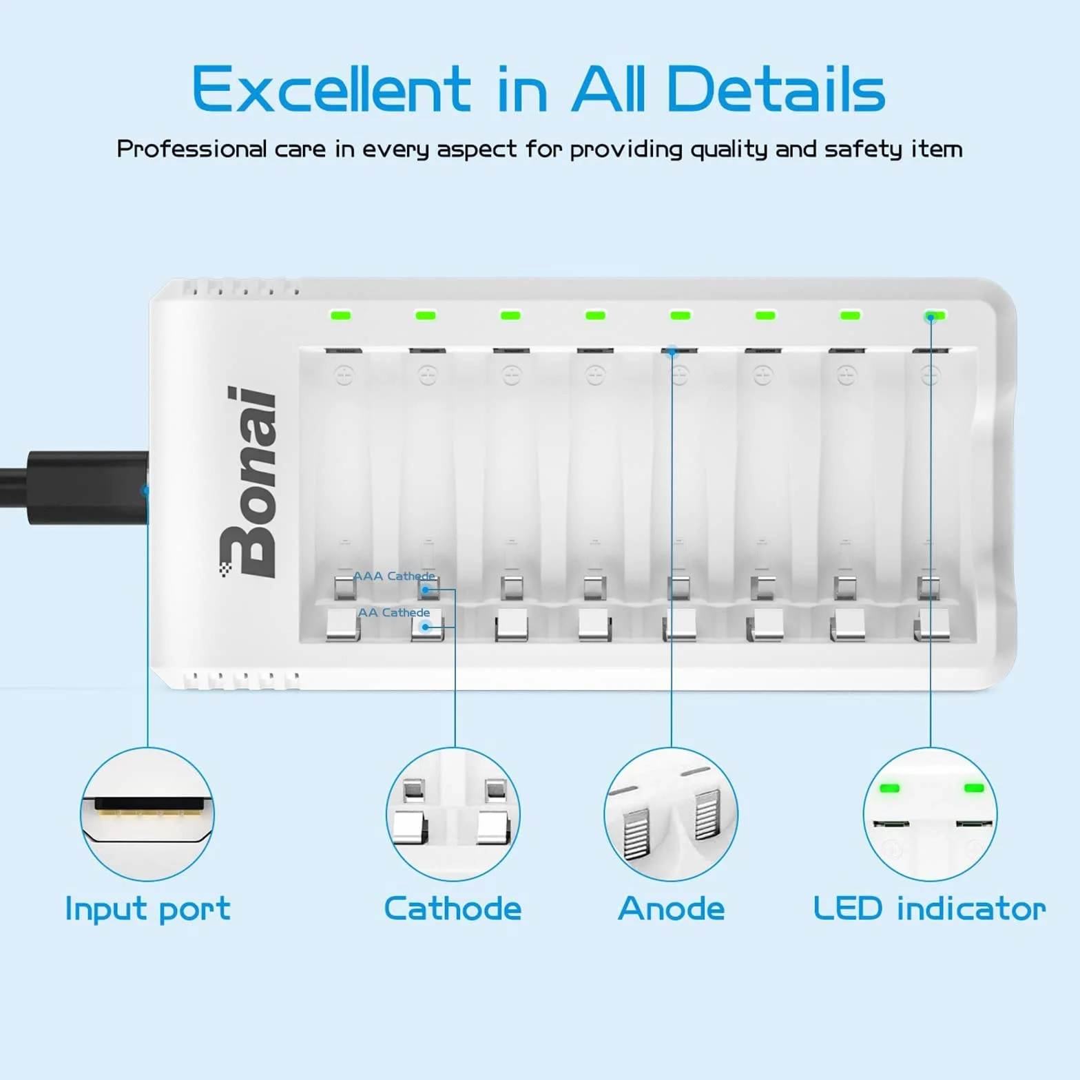 BONAI Caricabatterie Pile Ricaricabili AA AAA con Indicatori LED, Carica Batterie 8 Slot Indipendenti per Ni-MH, Caricatore Intelligente con Ingresso USB per Pile Stilo e Ministilo