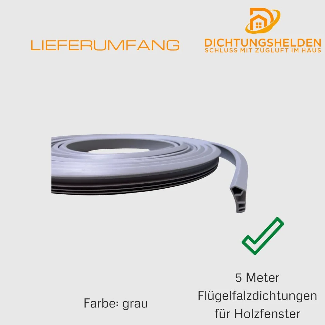 Guarnizione di alta qualità, bianca, per finestre in legno, 5 metri, ideale per scanalature di 5 mm, profondità scanalatura di 12 mm, durevole con passerella (grigio)