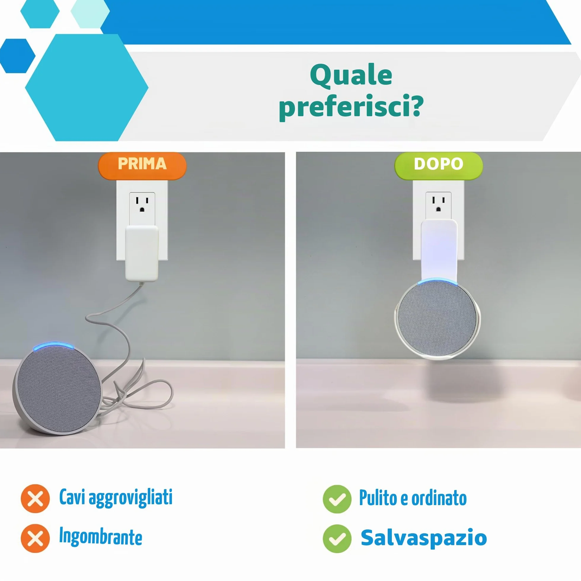 Sintron Supporto da Parete per Echᴏ Pop, Supporto per Altoparlante Intelligente, Staffa Salvaspazio per Presa, Nessuna Vite o Foratura, Gestione Cavi Integrata, Compatibile con Google Nest (Bianco)