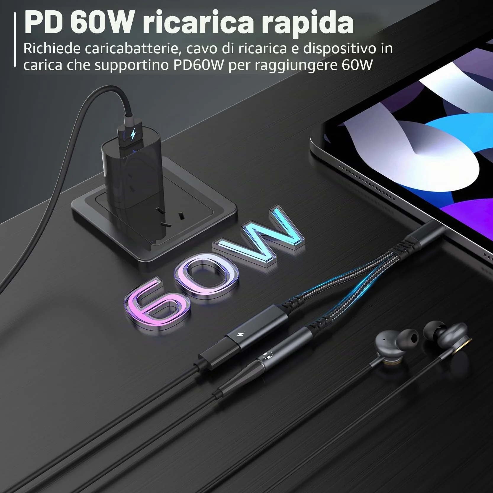 Adattatore e Ricarica per Cuffie USB C, 2 in 1 Jack da 3,5 mm USB C PD 60W Ricarica Rapida per Auricolari Splitter C ompatibile con iPhone 15/Pro/Max, Samsung S24/S23, Hua wei usw