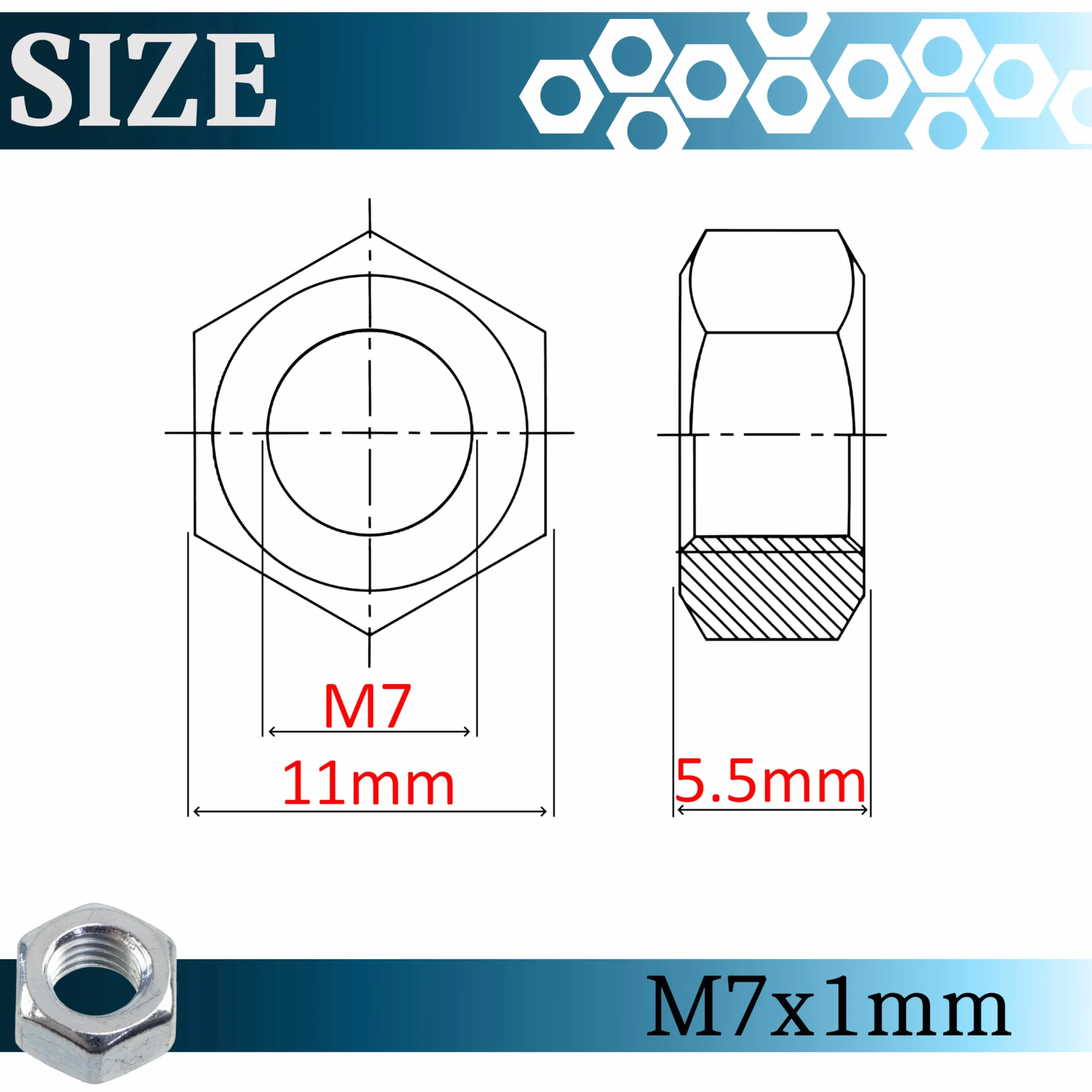 AERZETIX Set 30 Dadi esagonali M7x1mm acciaio zincato argento