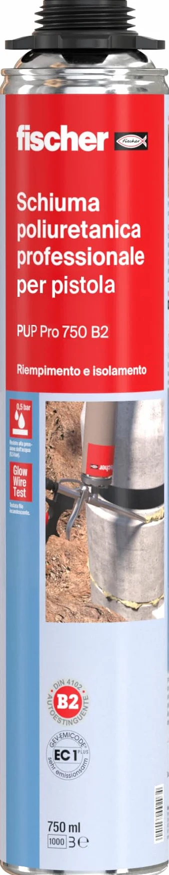 Fischer PUP 750 Schiuma Poliuretanica Professionale B2, Resistente Pressione Fuoco, Riempitiva Isolante Sigillante Espansa