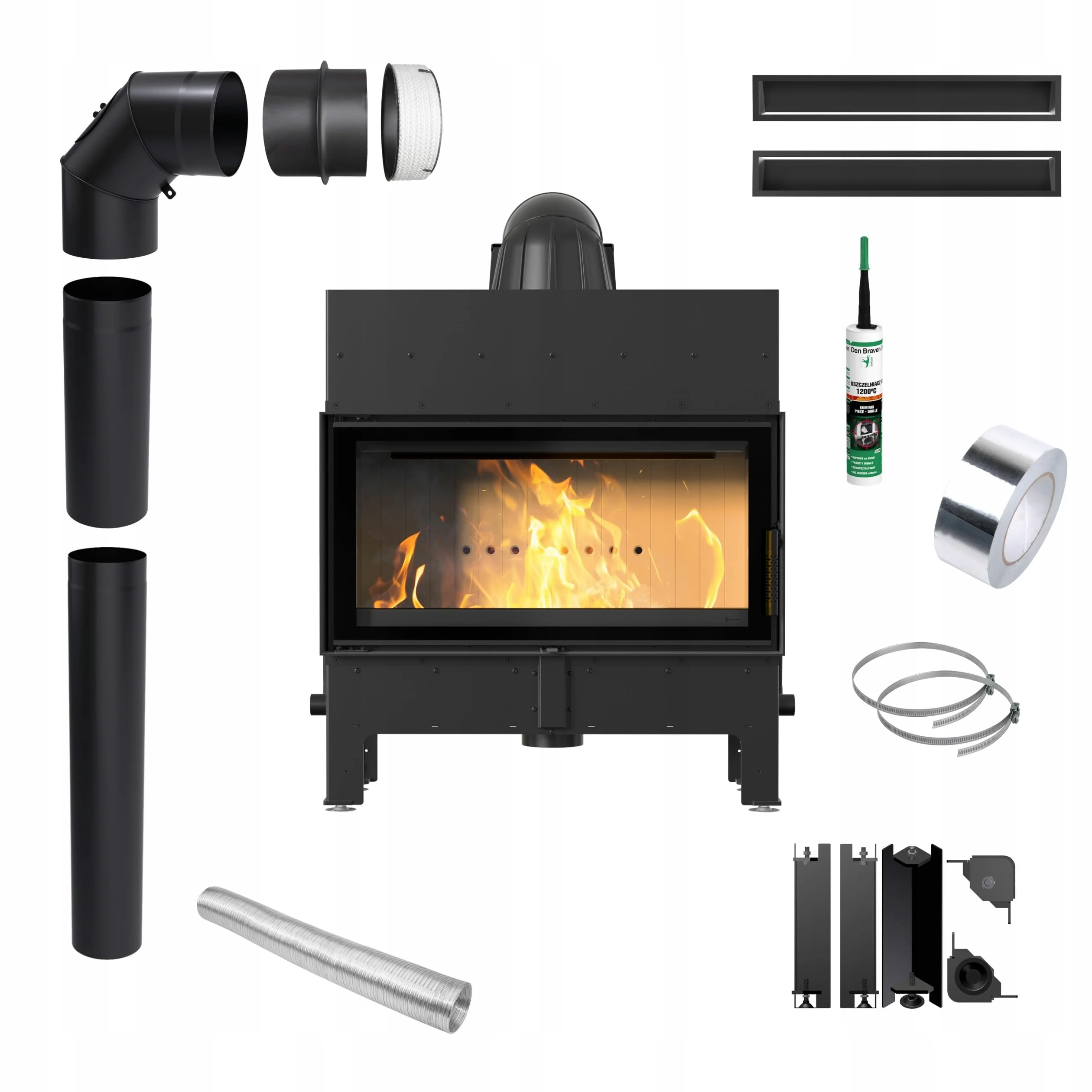 KRATKI Inserto per camino in acciaio a legna FLOKI 10 kW Ø200 frontale A+ | Acciaio nero, efficienza 83,6%, classe A+. Ecodesign, BImSchV 2; per recupero calore.; combustione efficiente; legno gamma di