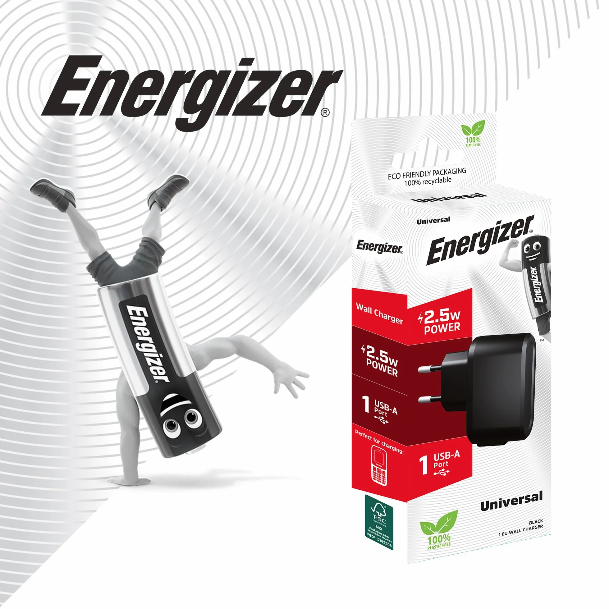 Energizer - Caricabatterie universale per telefono a chiave - 2,5 W - 1 porta USB-A - Nero - Spina EU
