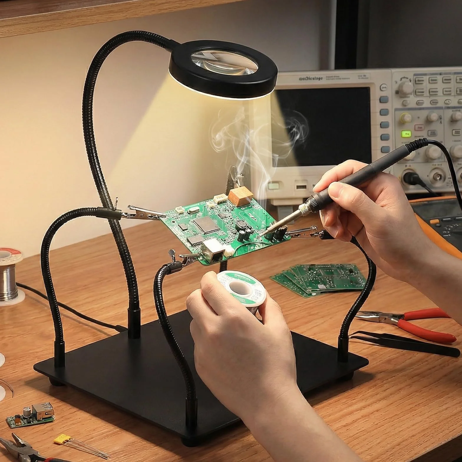 Terza Mano per Saldatura 6X Lente d‘Ingrandimento LED 4 Bracci Flessibili Portal circuiti Stazione Saldante per Elettronica Gioielleria Hobby