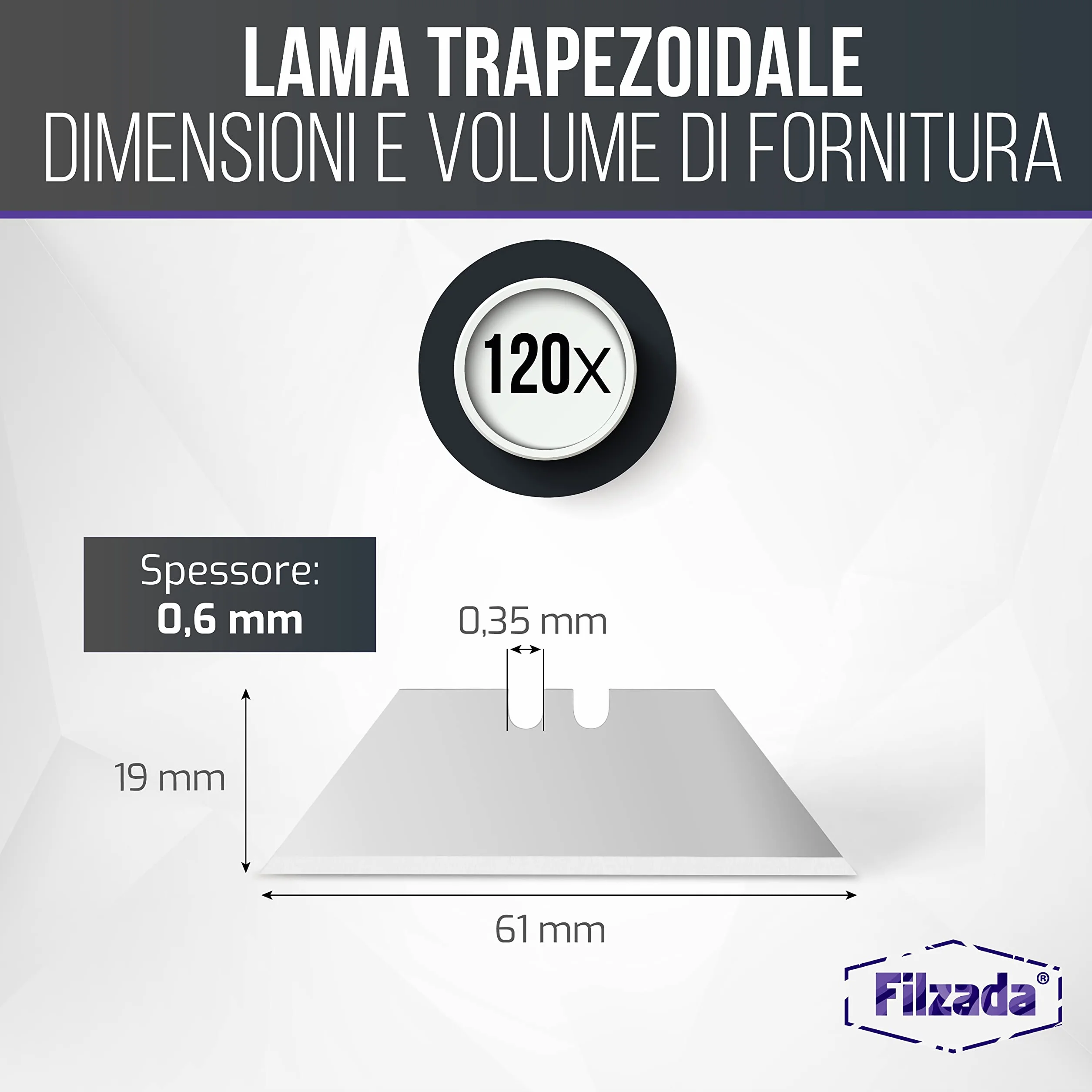 Filzada 120x PROFI Lame trapezoidali per coltelli per tappeti 0,5 x 0,5 mm