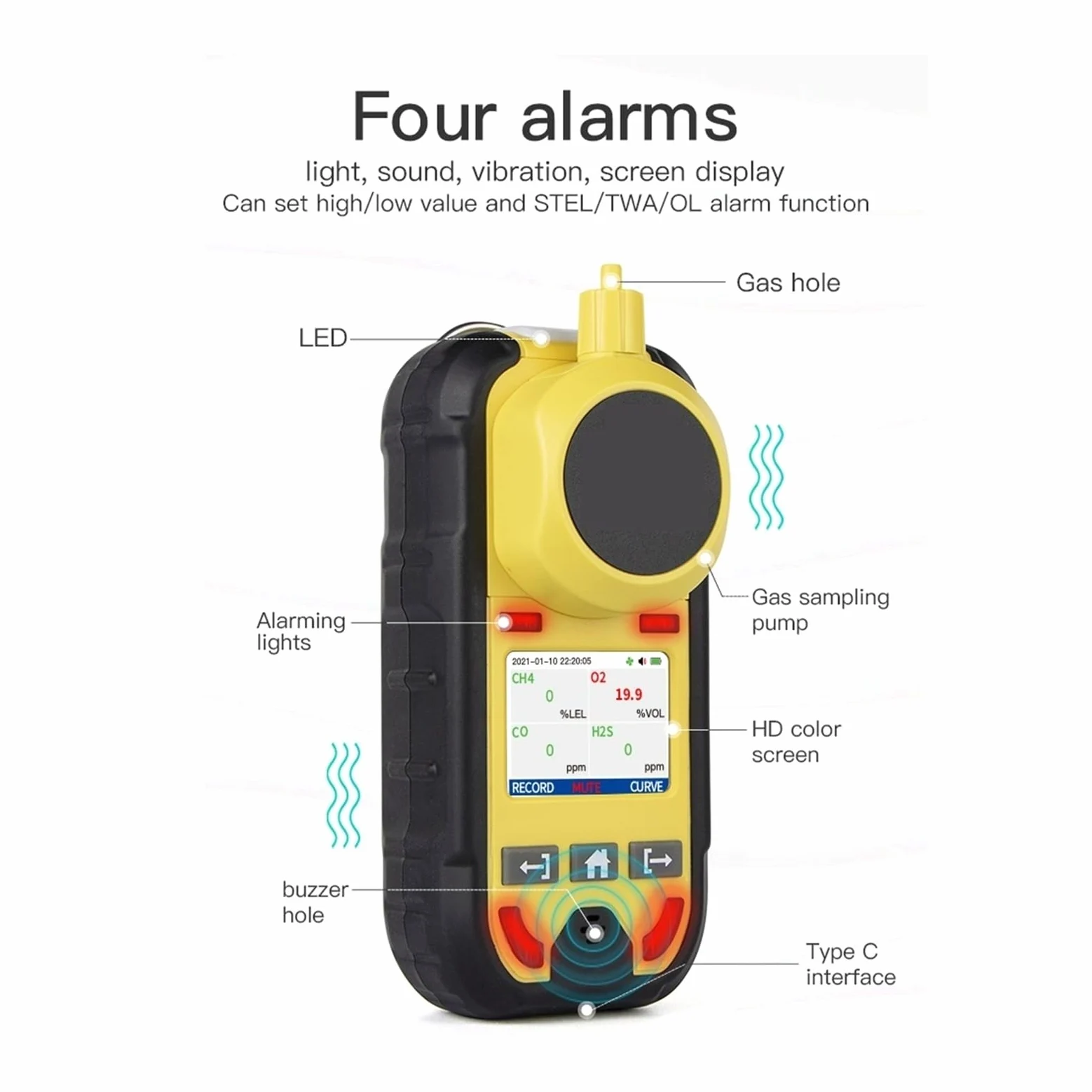 Rilevatore multigas con display LCD O2 H2S CO LEL Rilevatore di perdite di gas 4 in 1 con vibrazione, allarmi visivi e acustici Elevata stabilità e sensibilità(With pump)
