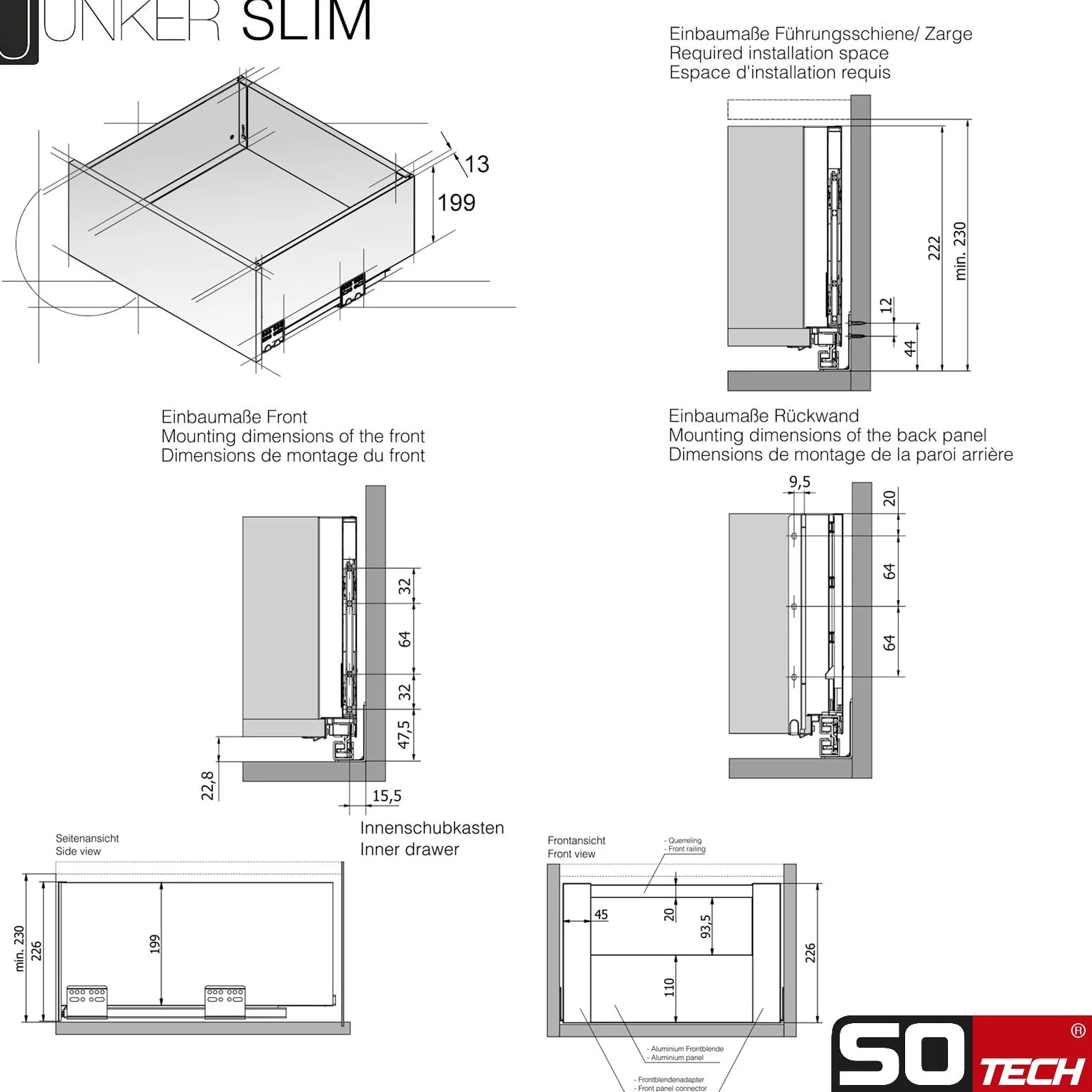 SOTECH Sistema di cassetti JUNKER SLIM con Push to Open (antracite, altezza 199 mm, profondità 450 mm, portata fino a 35 kg) cassetto con telai da 13 mm