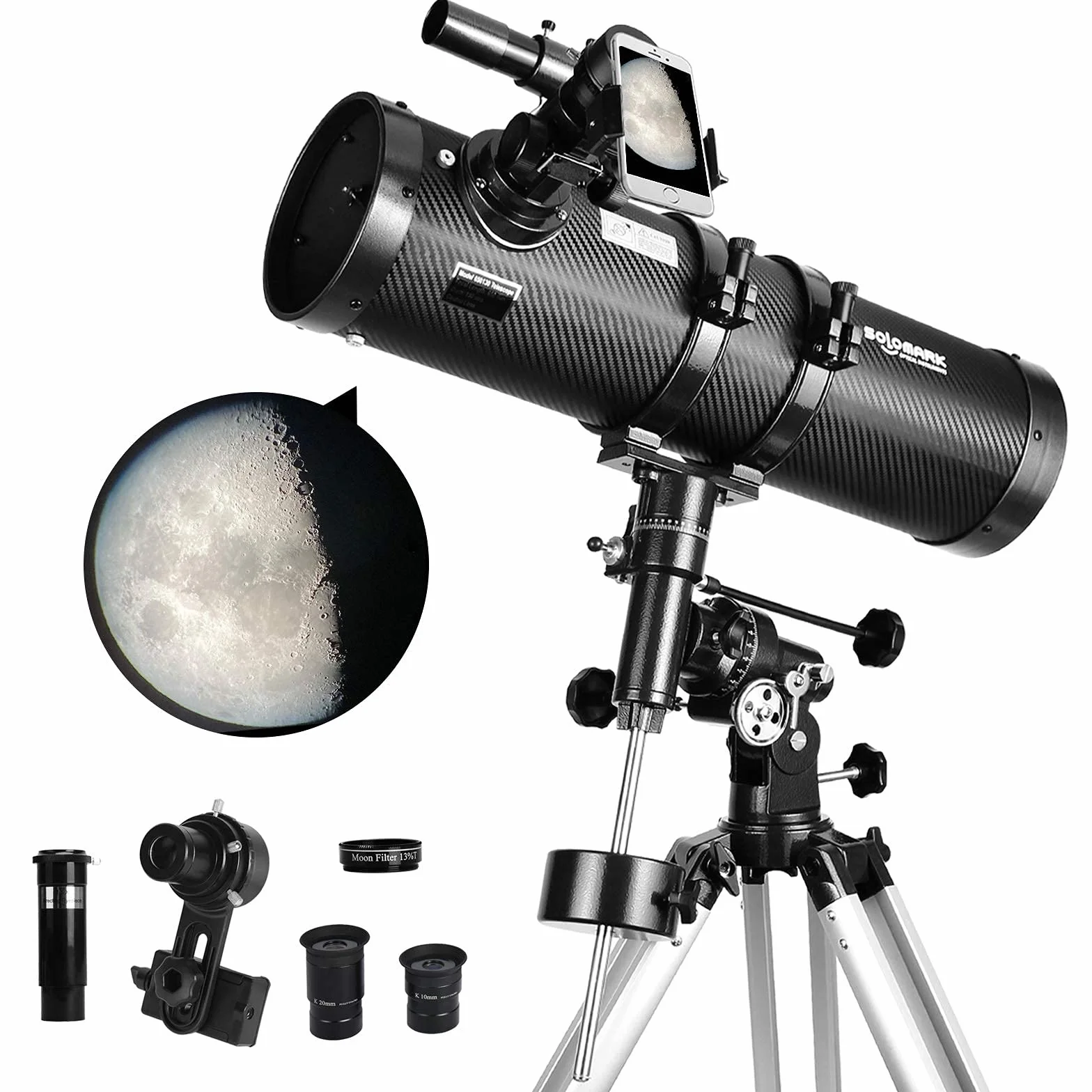 Telescopio riflettore newtoniano 130EQ per adulti, telescopi professionali per adulti astronomia, viene fornito con adattatore per smartphone con obiettivo Barlow 1.5X e filtro luna T 13%