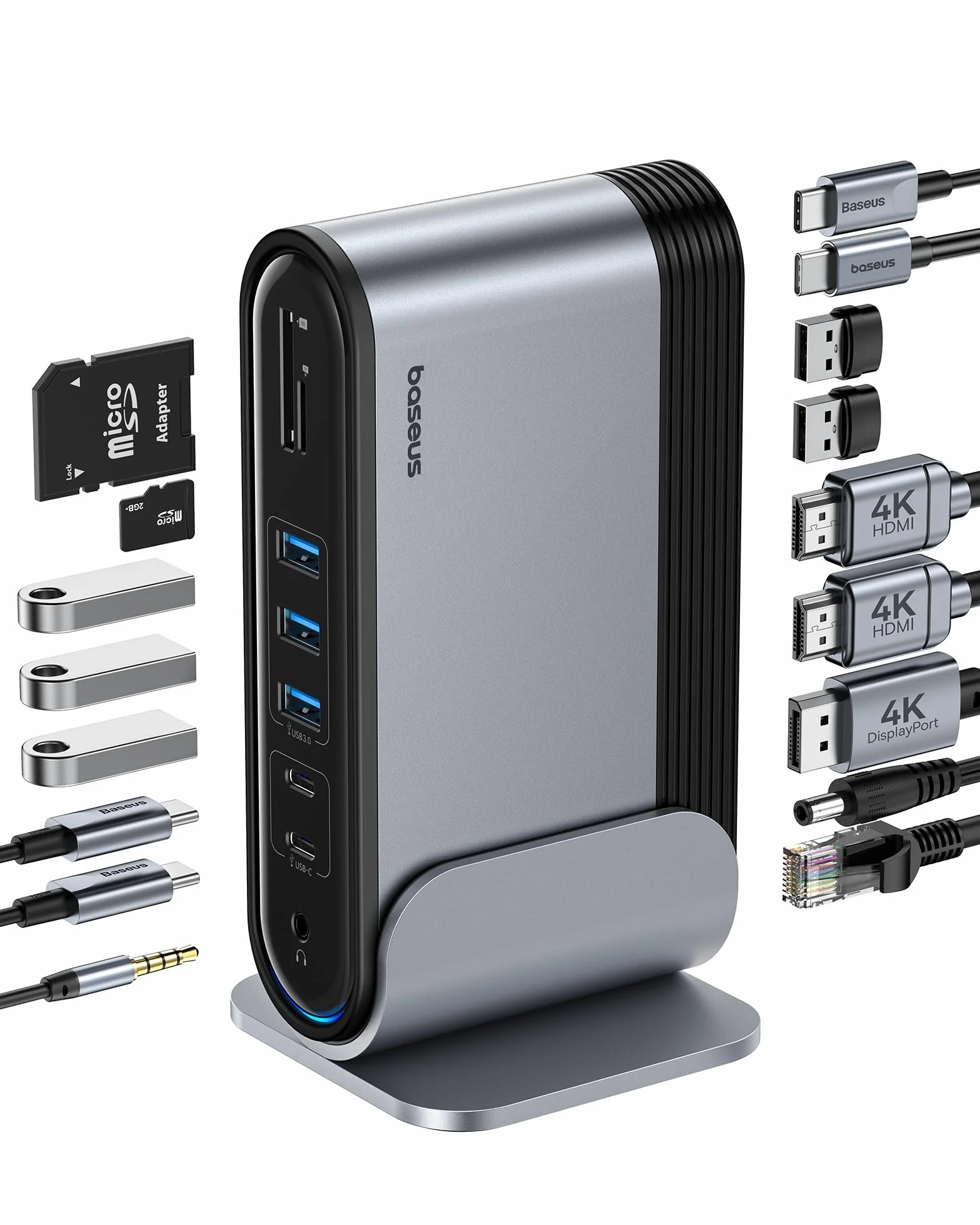 Baseus Docking Station 17 in 1 3 monitor 4K a 60Hz Adattatore con 2 HDMI, DisplayPort, 5 USB Data 3.0 5 Gbps, PD 100 W, Gigabit Ethernet per HP/Lenovo/Dell/MacBook/Surface Laptop