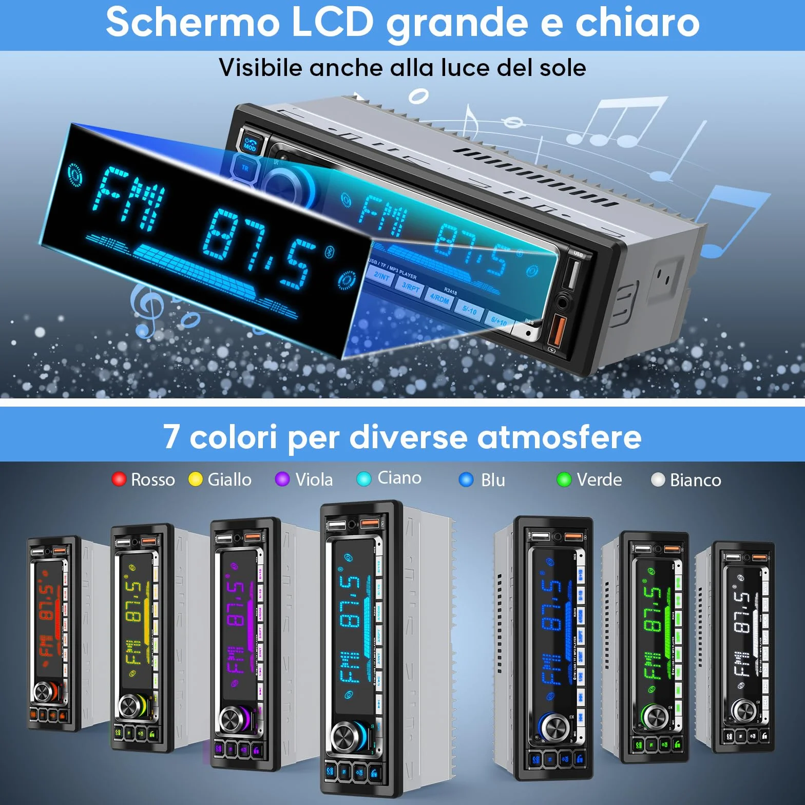 RDS Autoradio Bluetooth 5.0 Vivavoce, Wistrue Stereo Auto Bluetooth FM/AM Autoradio1 Din per Auto, Supporto Vivavoce 2USB/AUX/SD/TF/iOS Android