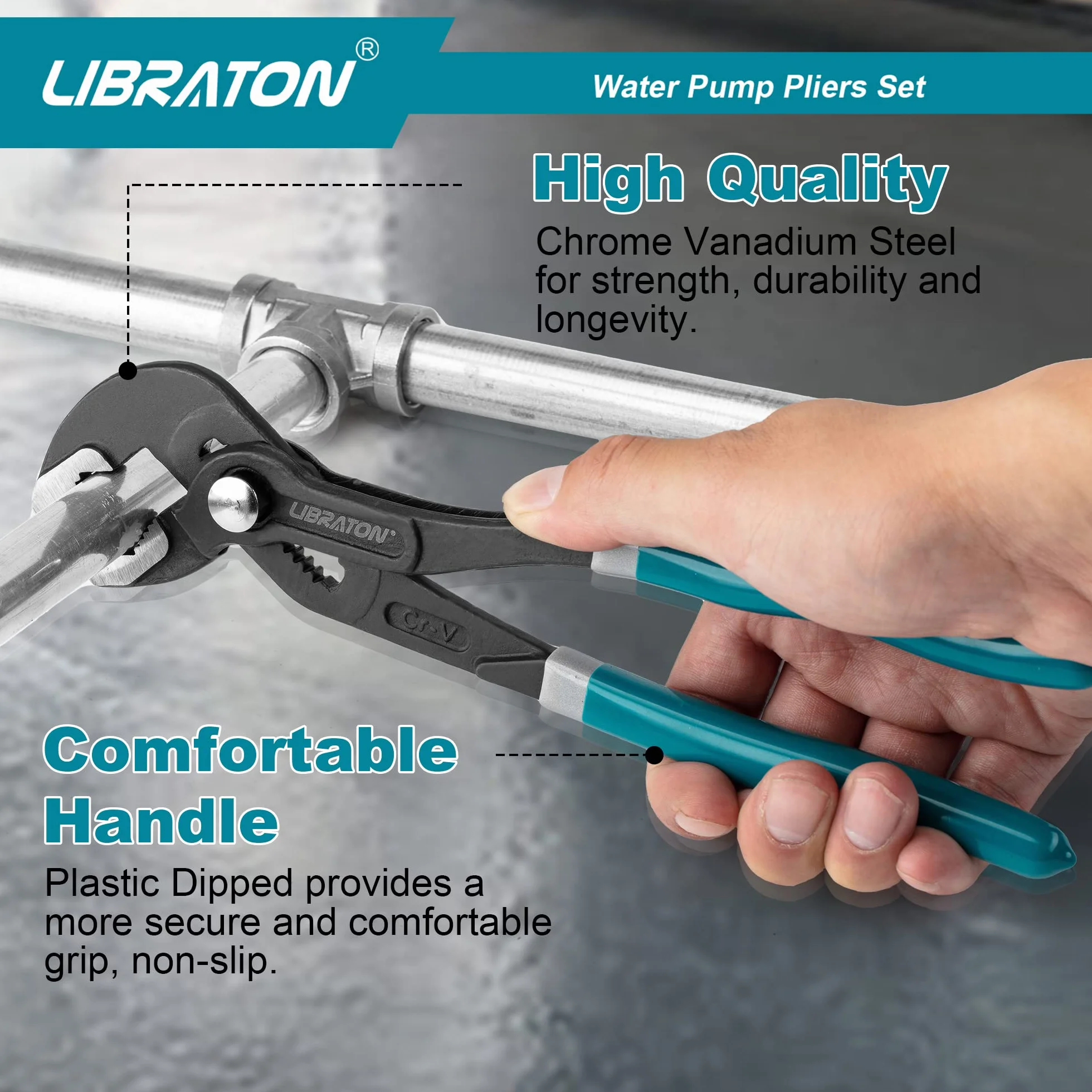 Libraton Set pinze per pompa dell'acqua in acciaio Cr-V 3 pezzi regolazione rapida