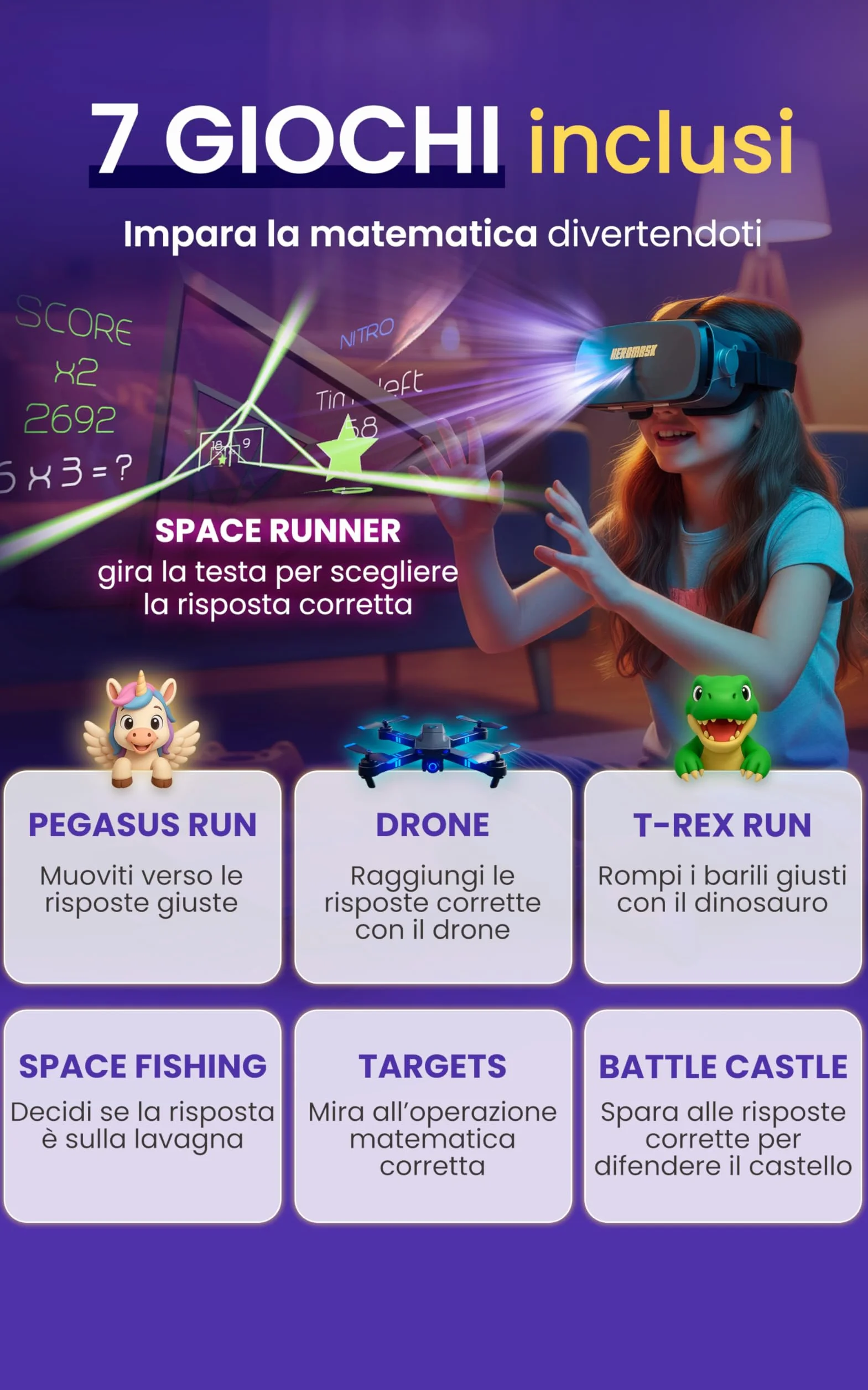 Visore Realtà Virtuale Bambini 5-12 + Giochi Matematica Heromask — Regalo educativo che trasforma la matematica in gioco: guardali sorridere mentre fanno tabelline e calcoli in VR 3D