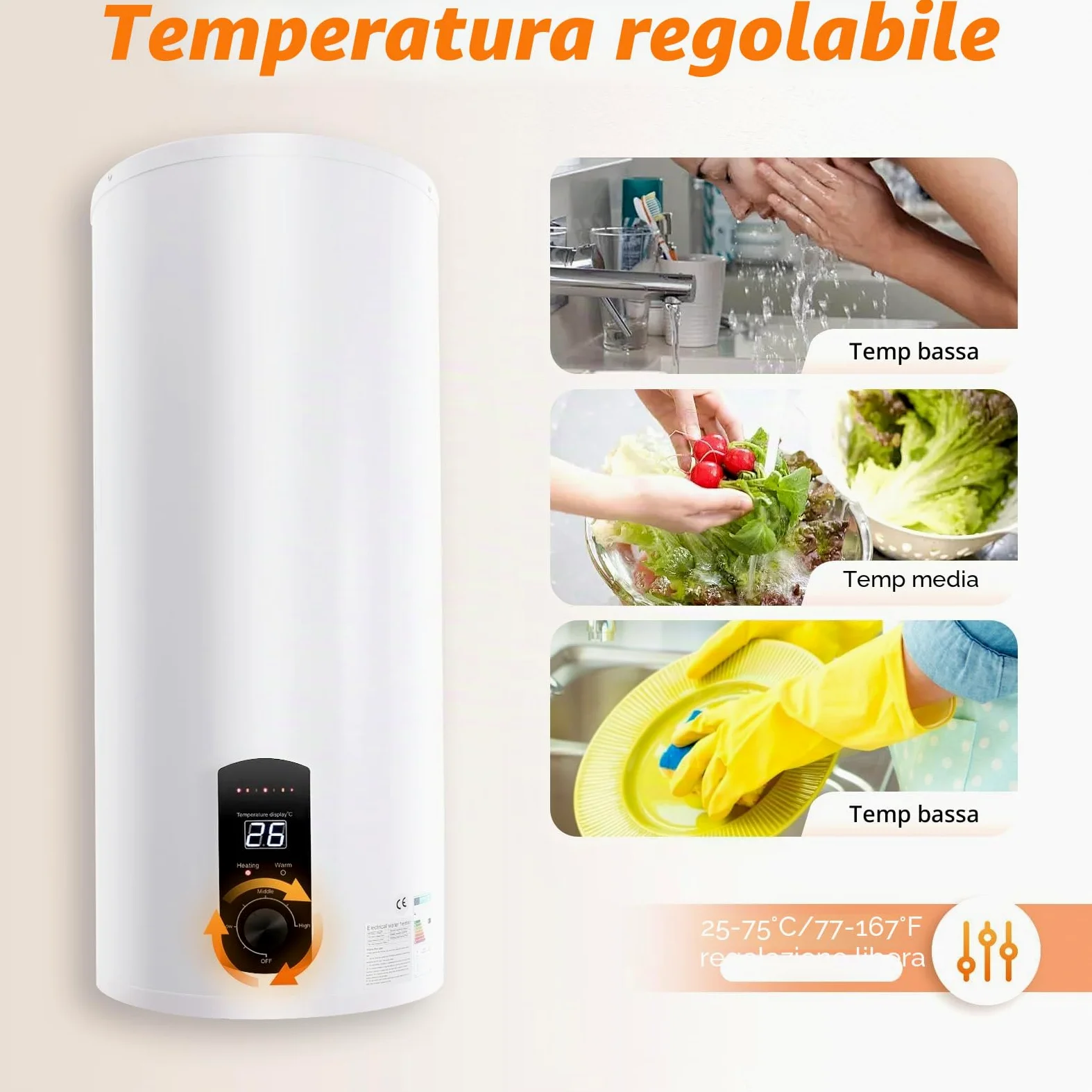 35L Scaldacqua Elettrico, Riscaldatore Istantaneo per Doccia, 2000W Boiler con Doccia & Rubinetto, Scaldacqua per Bagno & Cucina, Protezione IPX4, Bianco