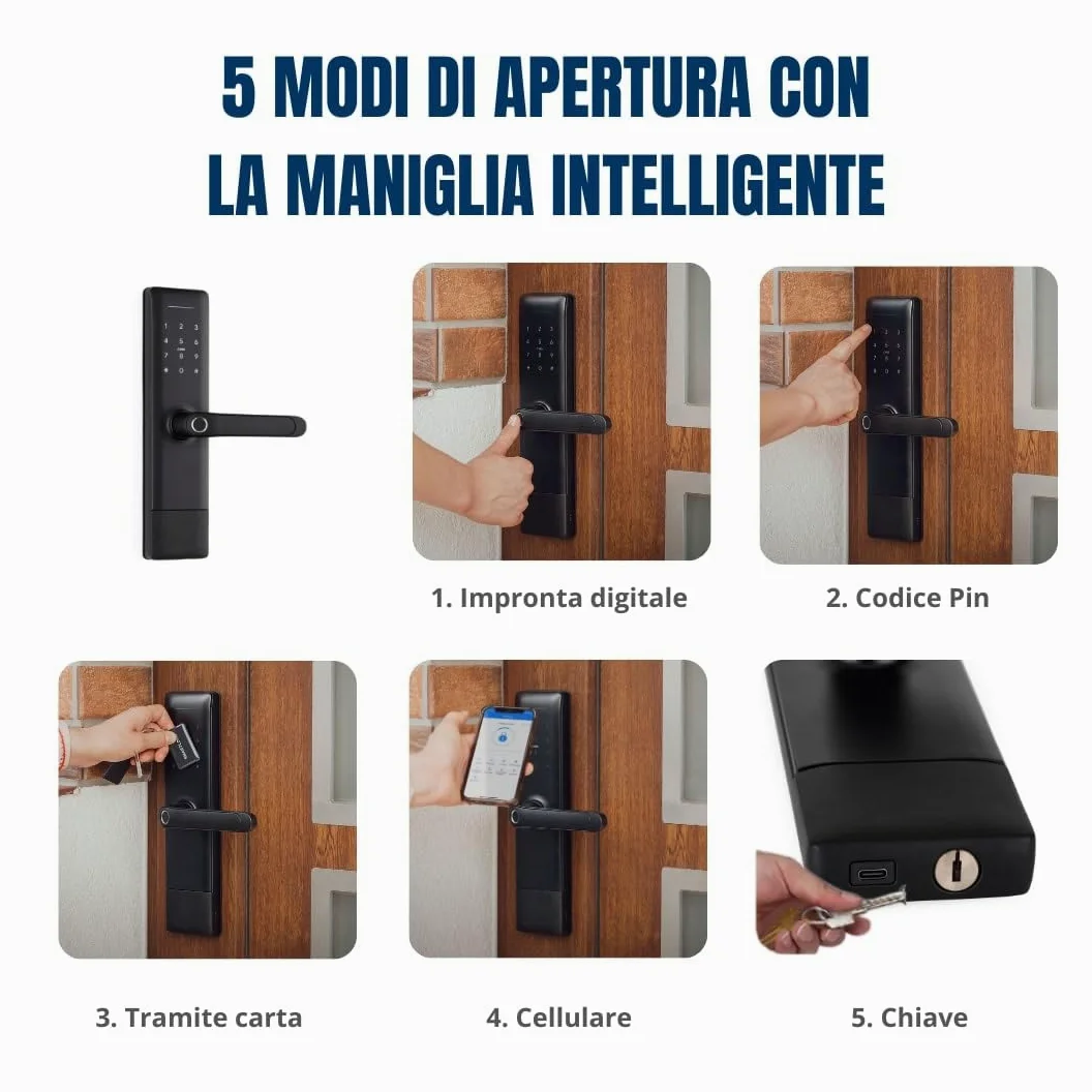 Serratura Smart con Maniglia Intelligente e Controllo via App TTLock – Apertura con Impronta Digitale, Codice o Smartphone – Serratura Elettrica con Cilindro per Porta Interna o Cancello Esterno