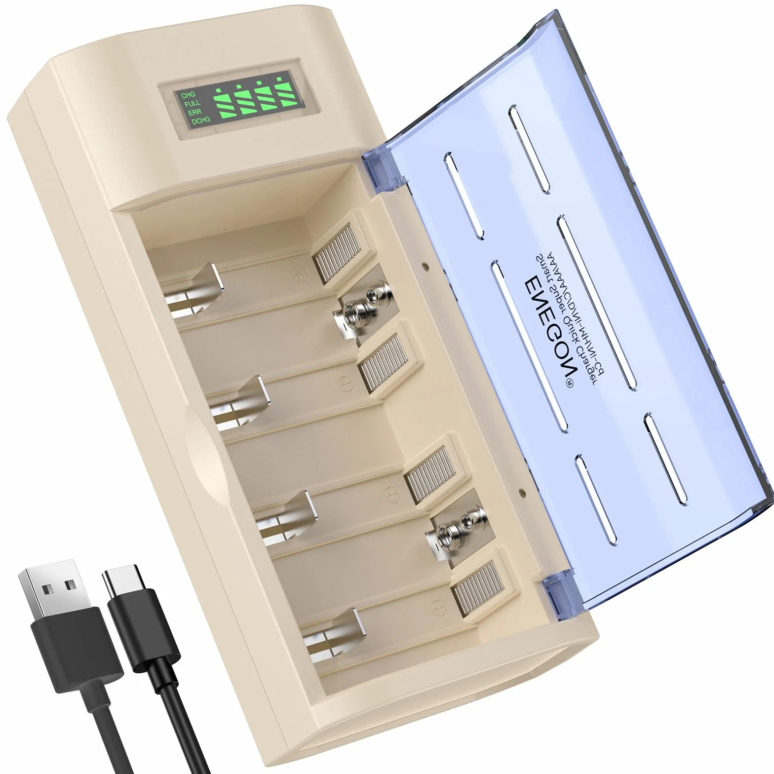 ENEGON Caricabatterie Universale per AA/AAA/C/D/9V NiMH/NiCD, con Display LCD, Funzione di Scarica e 4 Slot (Senza Adattatore)