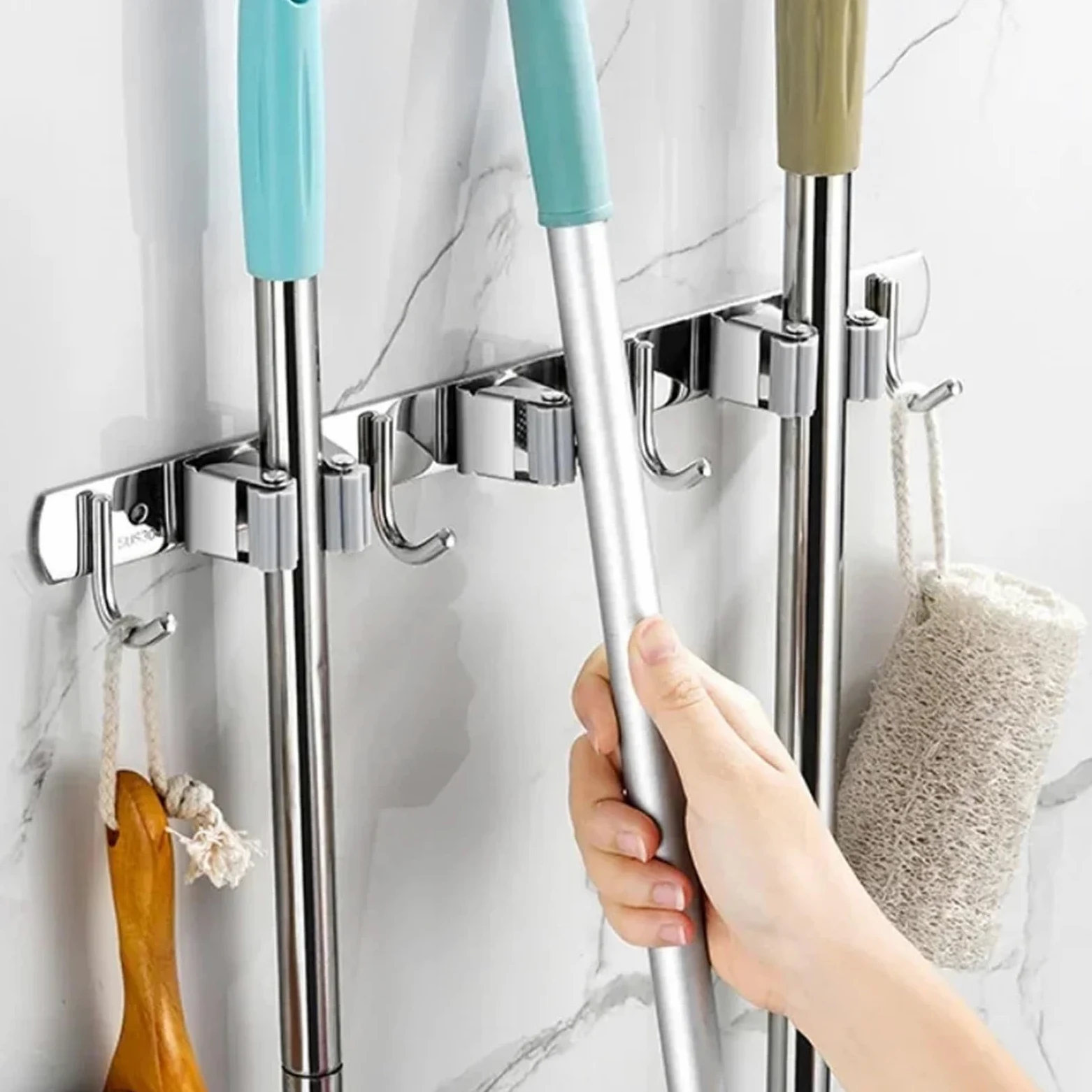 Porta Scope Parete Porta mocio Appendiabiti Mensola Gancio portaoggetti in acciaio inox Cucina Bagno Organizzazione Accessori per cucina(3 Mop 4 hook)