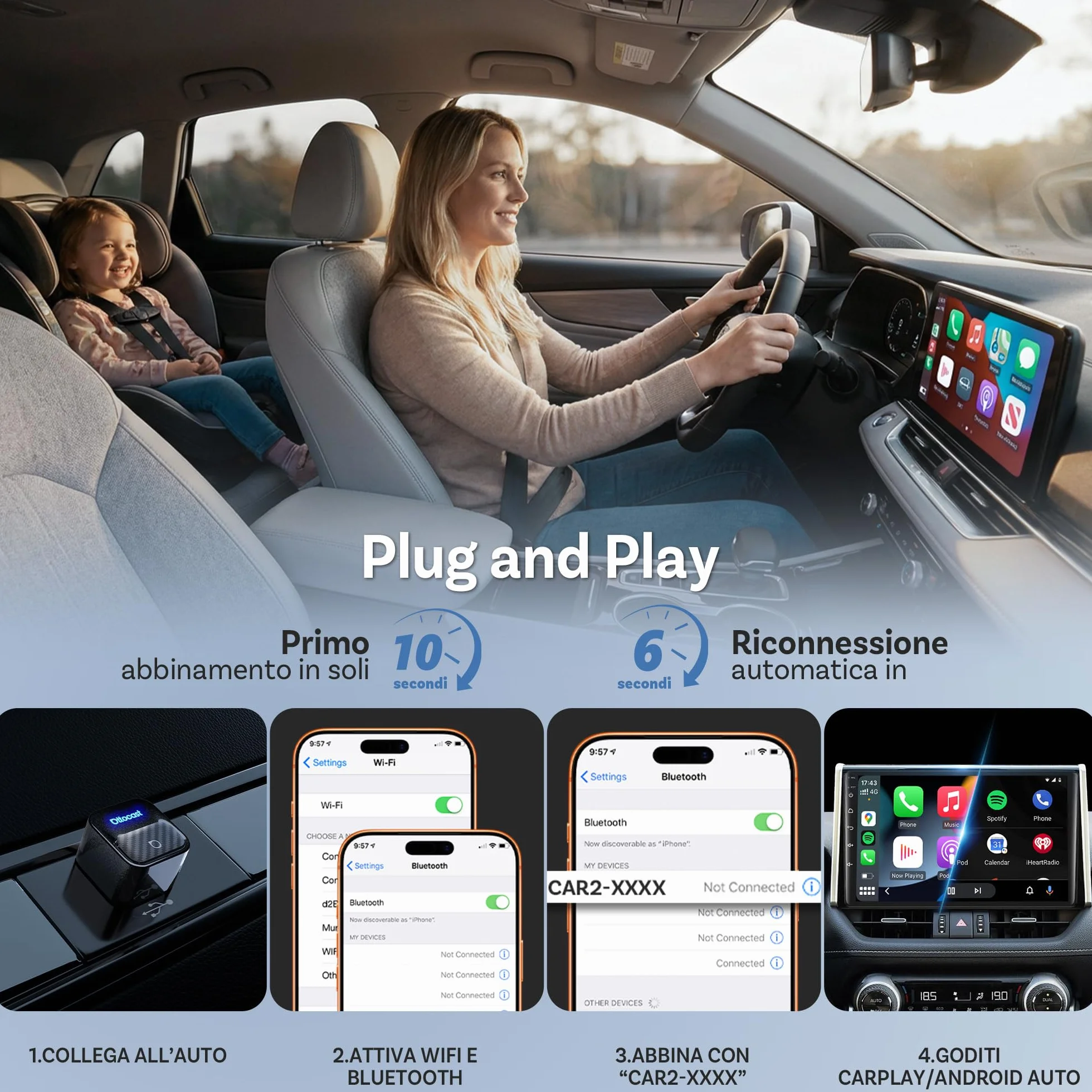 OTTOCAST Mini Core Adattatore Wireless 2 in 1 per CarPlay e Android Auto, Dongle Compatto con Wi-Fi 6 e Bluetooth 5.4, Pulsante Smart Switch, Connessione Automatica