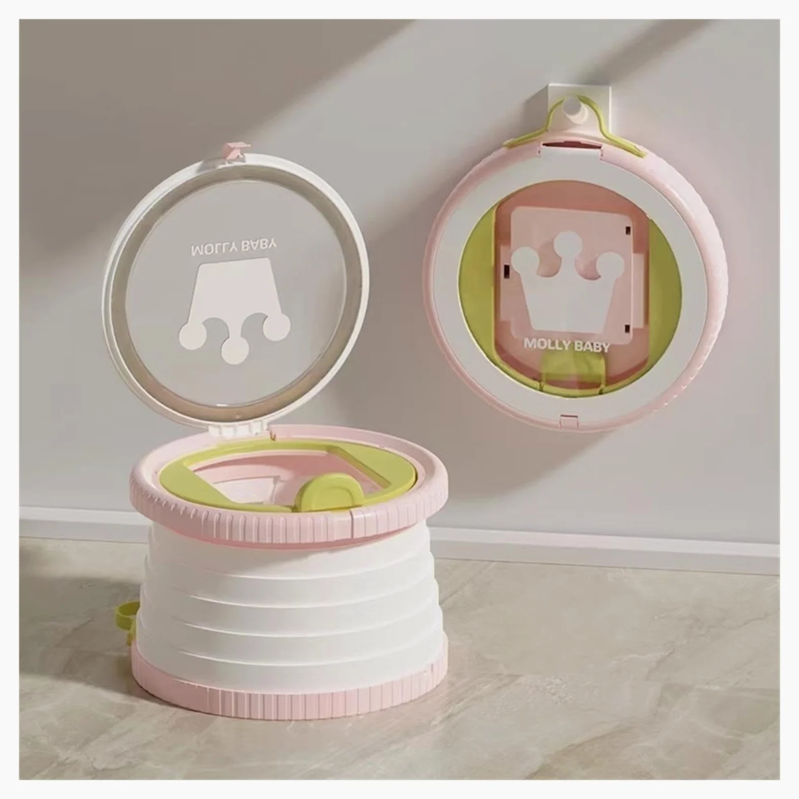 Toilette portatile vasino pieghevole a forma di cartone animato per viaggi di emergenza con borse(Green)