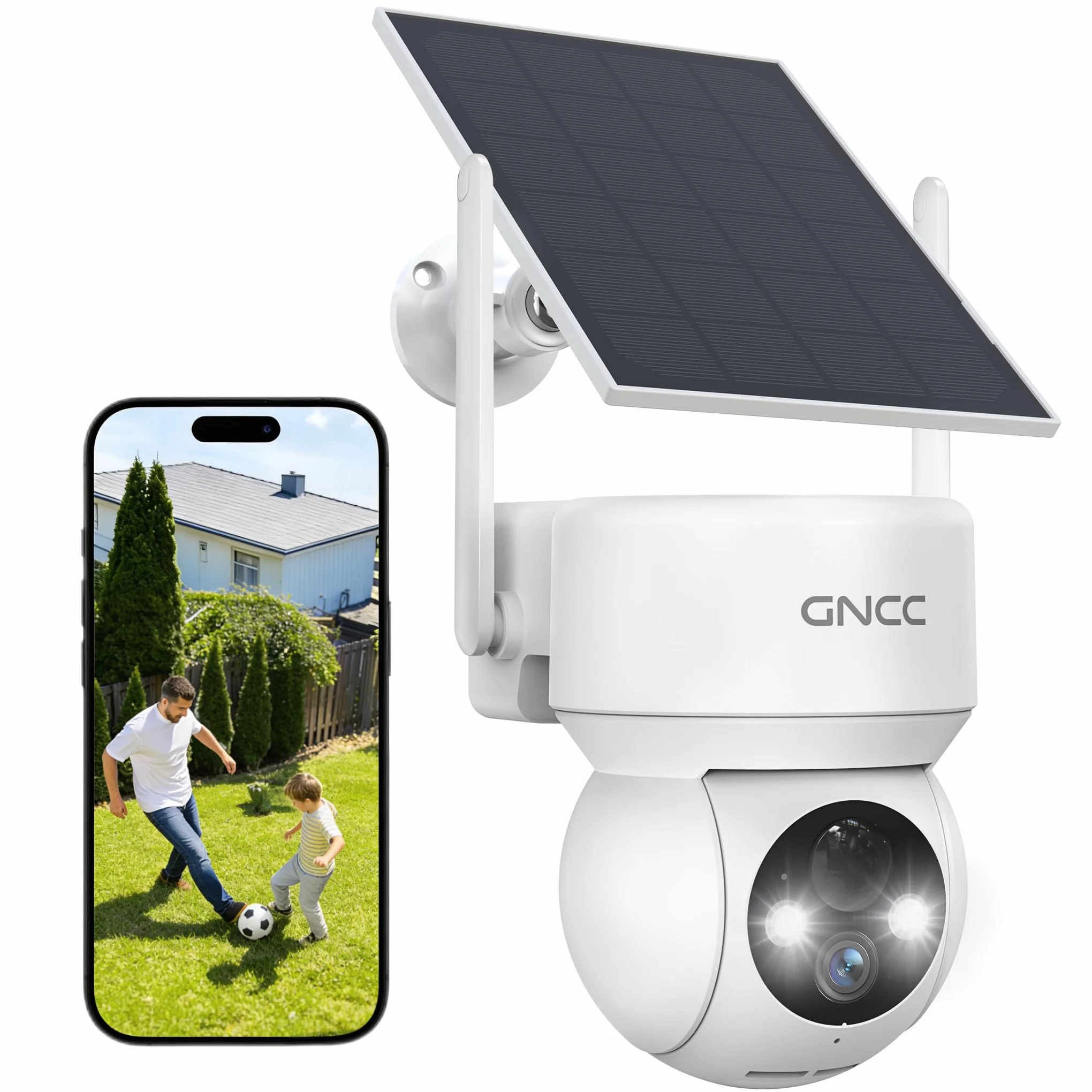 GNCC Telecamera WiFi Esterno Senza Fili con Pannello Solare, 2MP Videocamera Sorveglianza Esterno a Batteria 5200mAh, Rilevamento PIR/Umano, 360° PTZ, Visione Notturna a Colori, Audio Bidirezionale