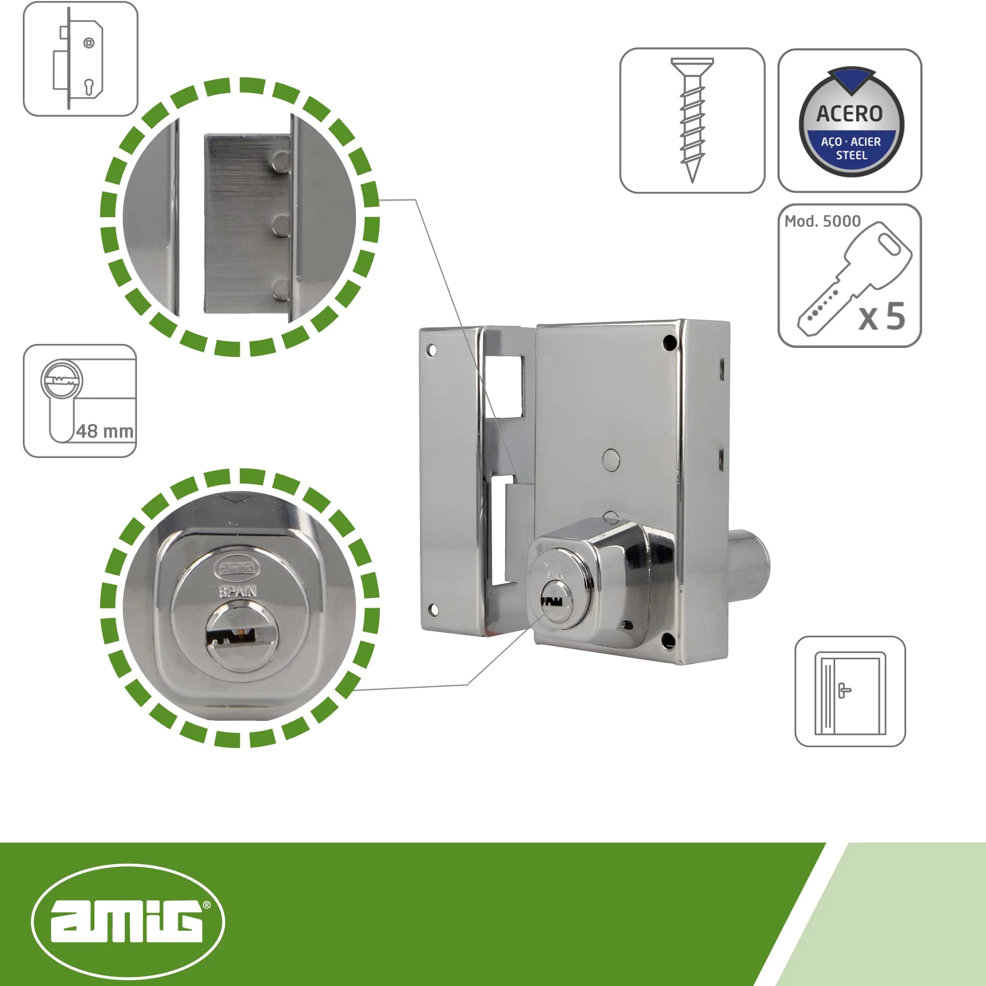 Amig - Serratura a sovrapposizione sinistra con leva di chiusura e linguetta per porte in legno mod. 75P, 67 x 112 mm, cilindro rotondo di sicurezza, acciaio argentato