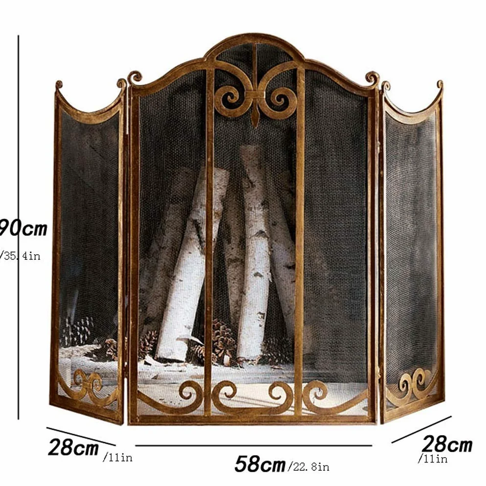 Schermi per Caminetti di Guardia Grande oro Camino schermo 3 Pannello Ornato Ferro battuto metallo Fire Place piedi del cancello maglia decorativa Solid Steel Spark protezione della copertura attrezzi