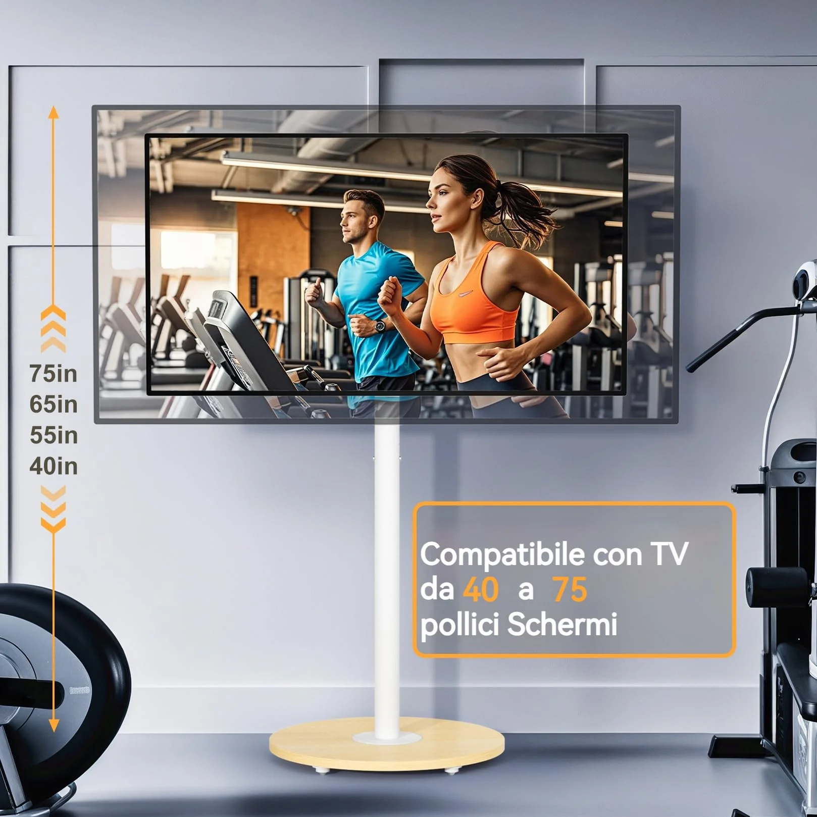 Supporto TV da Pavimento con Ruote Nascoste Legno Base per 40-75 Pollici Peso Max 50kg Max VESA 600x400mm, Regolabile in Altezza, Bianco