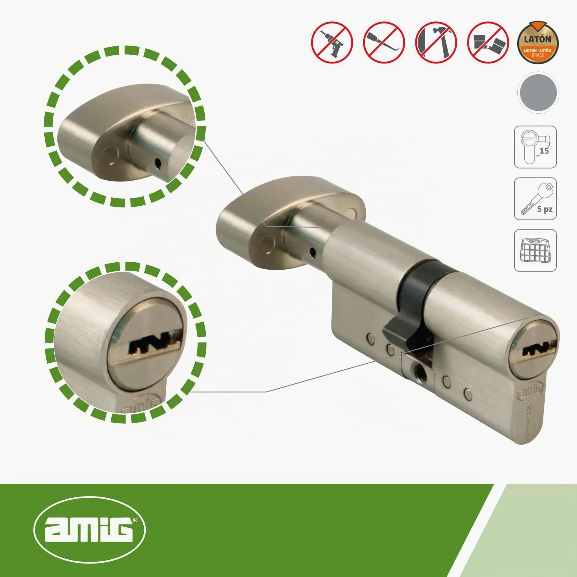 Amig - Cilindro di sicurezza con pomolo | Serratura per porte | Cilindro di Alta Sicurezza | Anti-picking e Anti-bumping | Include 5 chiavi | Cromato Satinato | Misure: 90 (45-45 mm)