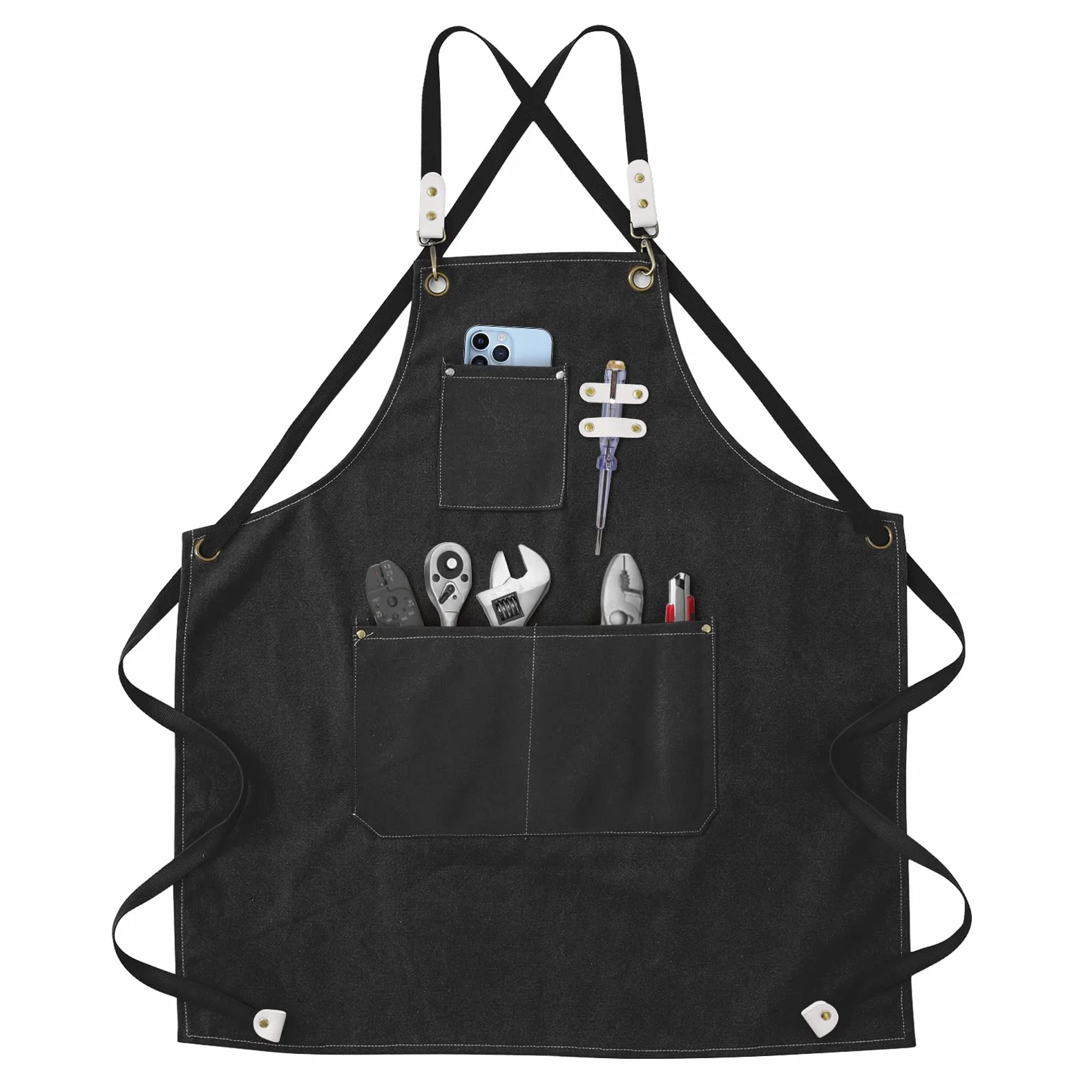 Grembiule da Lavoro, Grembiule Donna/Uomo Durevole di Tela con 3 Tasche per Falegname Tatuatore Fabbro Pittore Barista, Design a Tracolla, Adatto per Casa Lavoro Campeggio all'Aperto - Nero