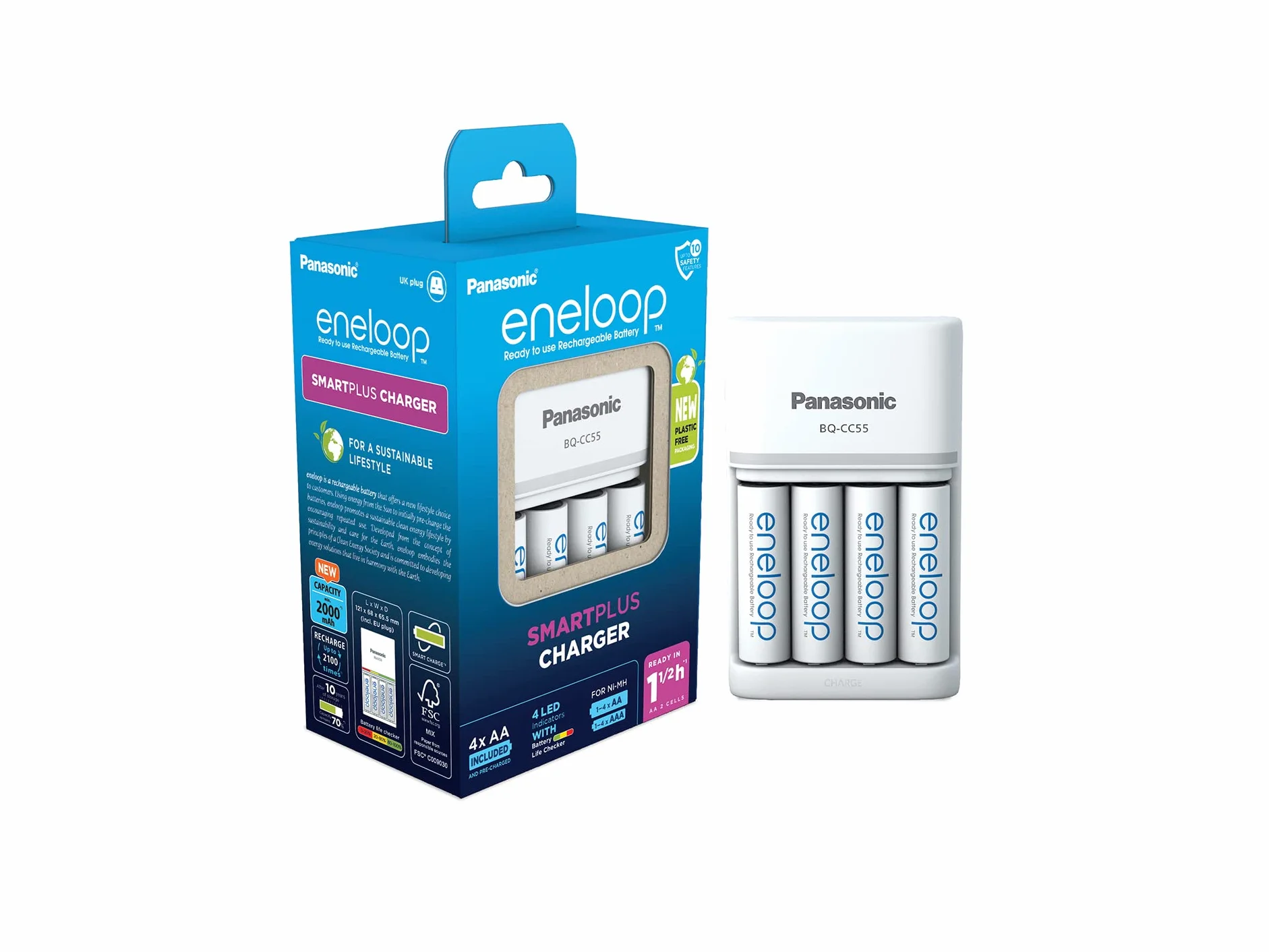 eneloop Caricabatterie SmartPlus per Batterie AA/AAA Ni-MH, Include 4 Batterie AA 2000mAh, Ricarica Rapida 1,5 Ore, con LED e 10 Funzioni di Sicurezza