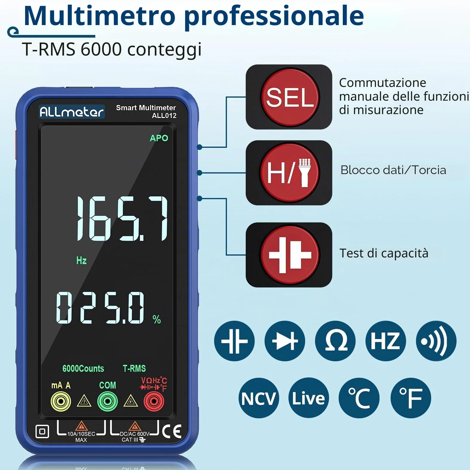 Smart Multimetro a 6000 Conteggi con TRMS, NCV e USB Ricaricabile | Tester Digitale Professionale con Schermo a Colori, Misura Tensione Corrente Capacità Resistenza per Elettricisti e Fai-da-Te
