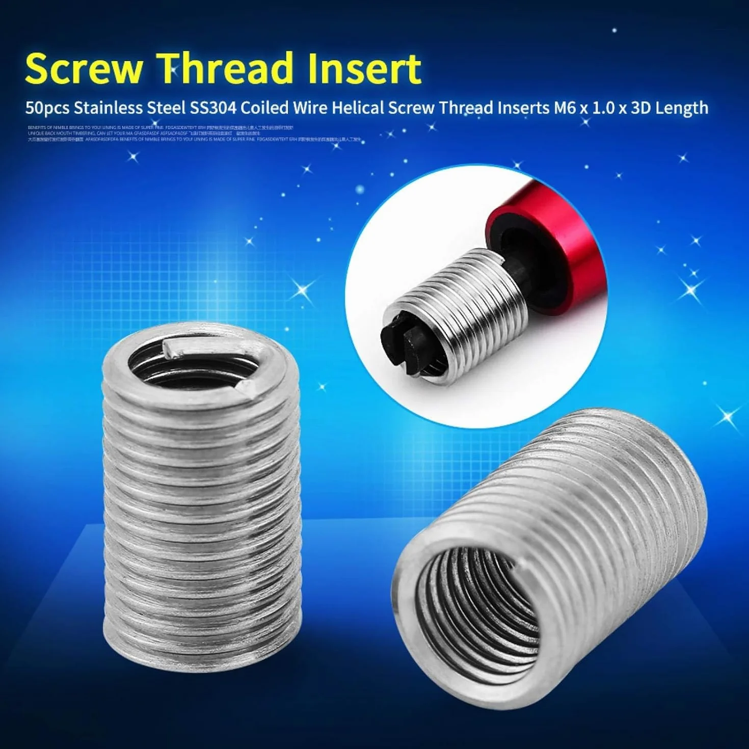 Tyenaza 50 Pezzi Inserto Filettato a Vite, M6 x 1.0 x 3D Inserto Helicoil, Kit di Inserti di Riparazione Metrico Filettato Tipo Elicoil in Acciaio Inox SS304, per Automotive, Turbine a Vapore