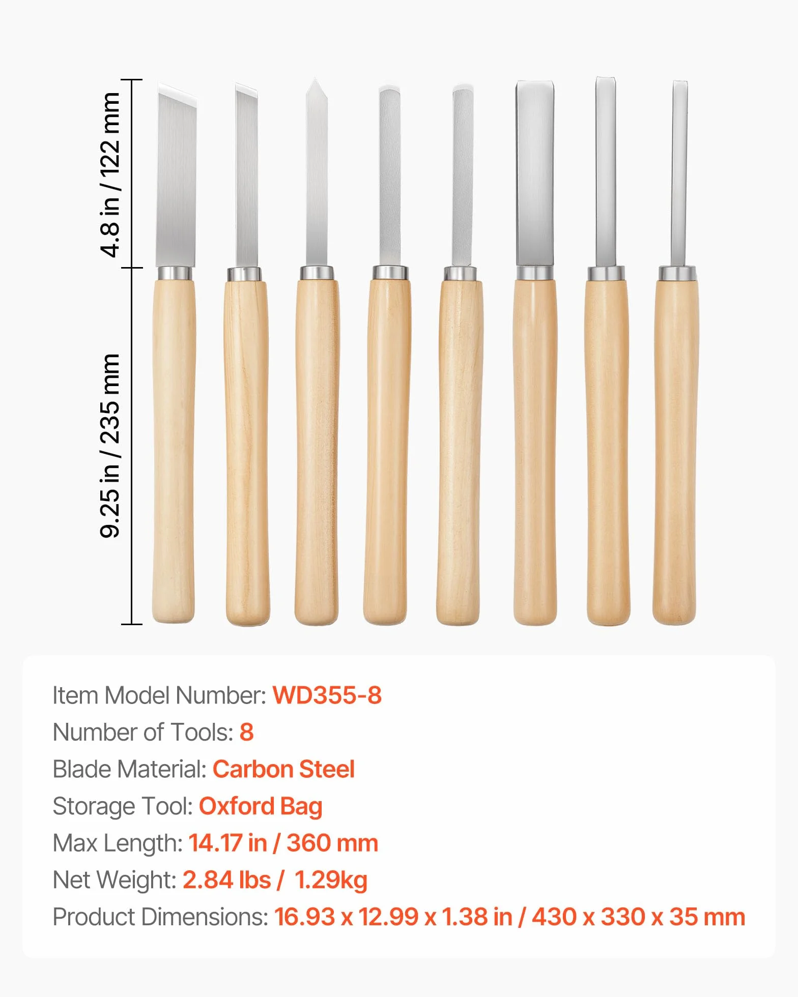 VEVOR Set di Utensili per Tornitura per Legno 8 pezzi, Set di Scalpelli per Tornio Lama in Acciaio al Carbonio, Strumenti per Tornitura Lavorazione del Legno Fai da te