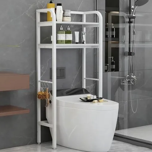 Scaffale portaoggetti sopra il WC, organizer da bagno a 2 ripiani con piedini antiscivolo e ganci a forma di S per risparmiare spazio in bagni, lavanderie e balconi