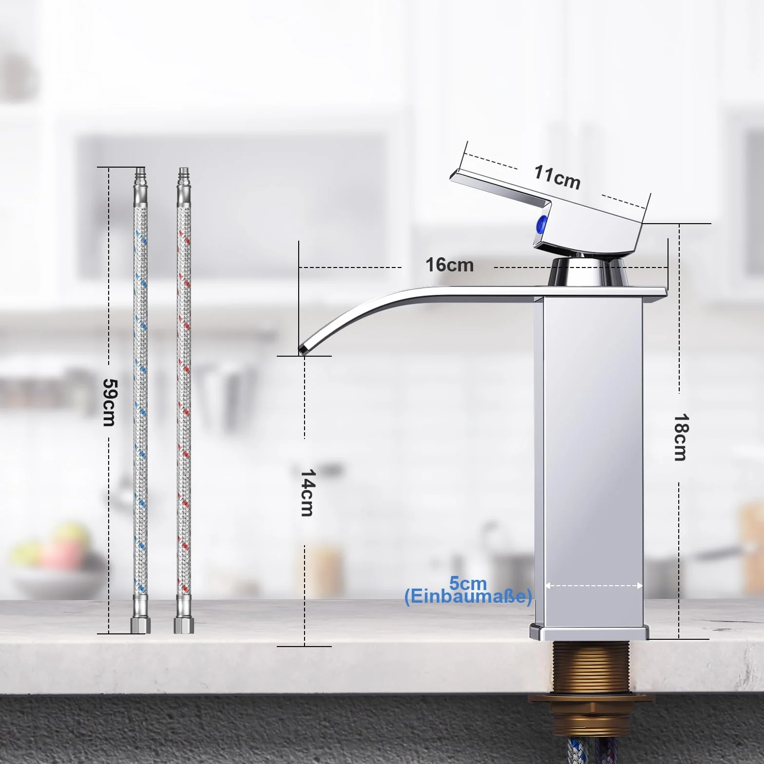 Rubinetto Bagno Lavabo a Cascata,Miscelatore Lavabo Bagno,Miscelatore per bagno in ottone e acciaio inox, cromato (incl. tubo da 60 cm)
