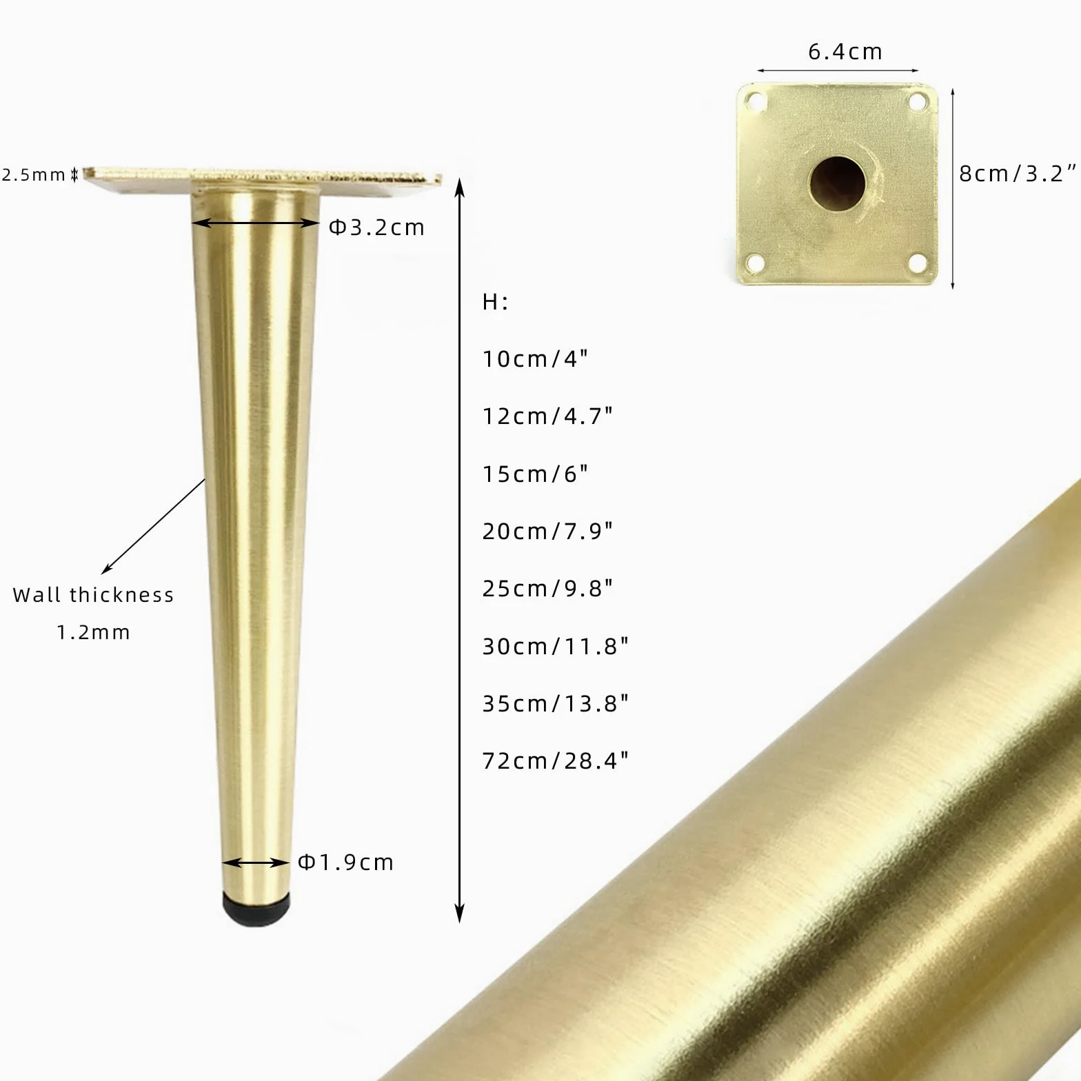 Generico Gambe per Mobili Piedini per Tavolo Conici in Oro Spazzolato 4 Pezzi Superficie Galvanica in Ferro Dorato Piedini per Divano Altezza: 10-72 cm Piedini per Mobile 72 cm/28,4"