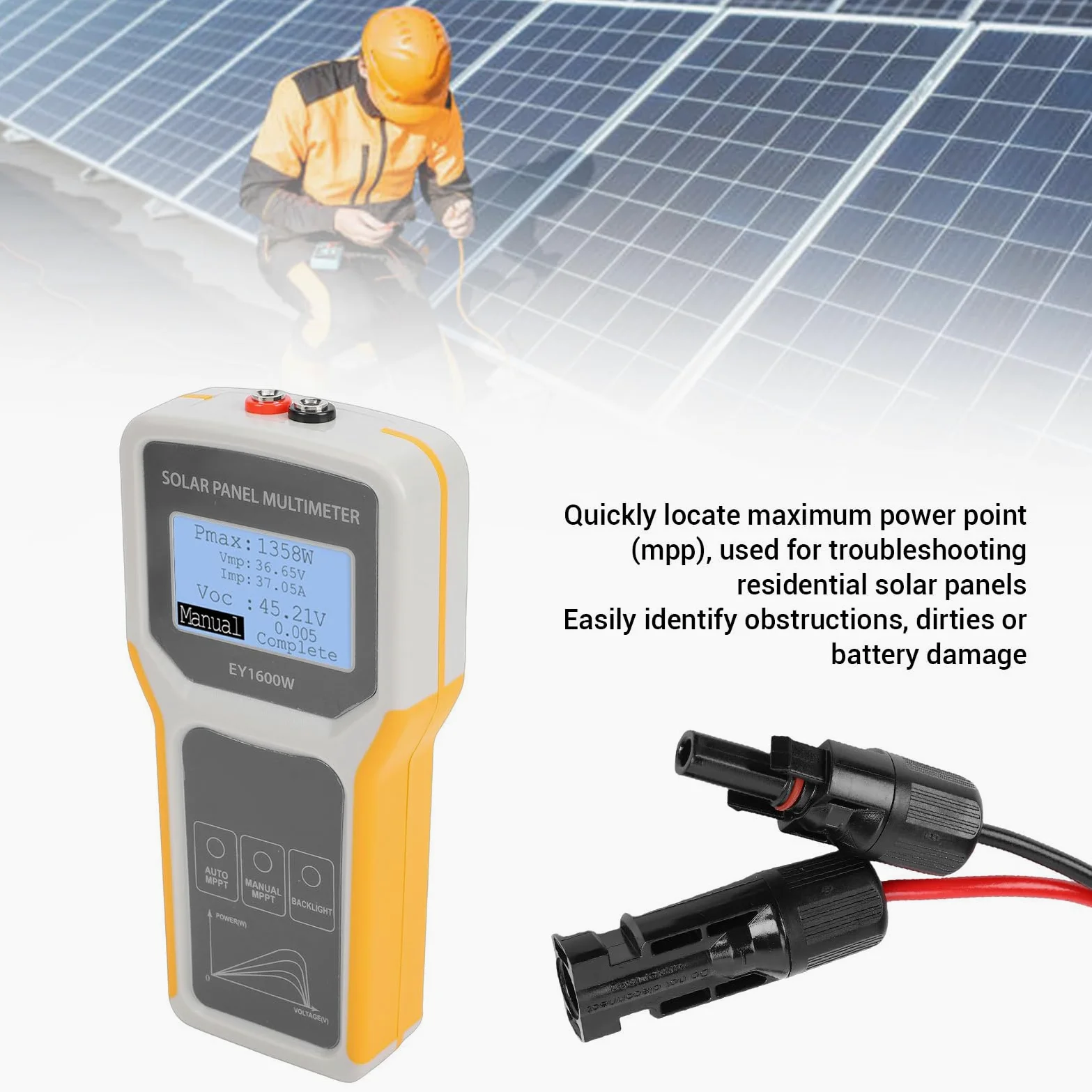 Hyuduo Tester per Pannelli Solari, Multimetro Fotovoltaico MPPT da 60 A con Display LCD, Strumento Portatile da 5-1600 W per Sistemi Fotovoltaici Domestici e Utenti di Pannelli Solari
