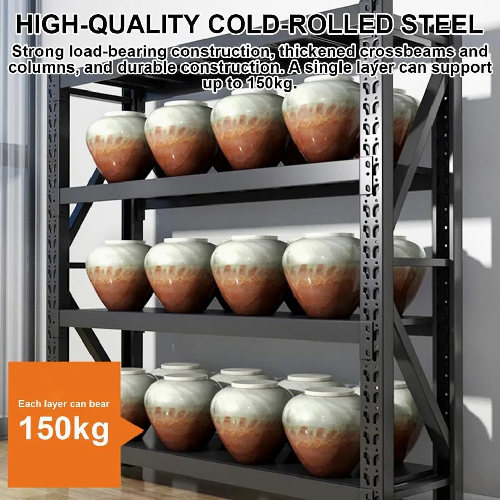 Scaffalatura in metallo resistente, 4 ripiani, 200,7 x 149,9 x 61 cm, colore nero, per garage, cucina e ripostiglio, design durevole e robusto