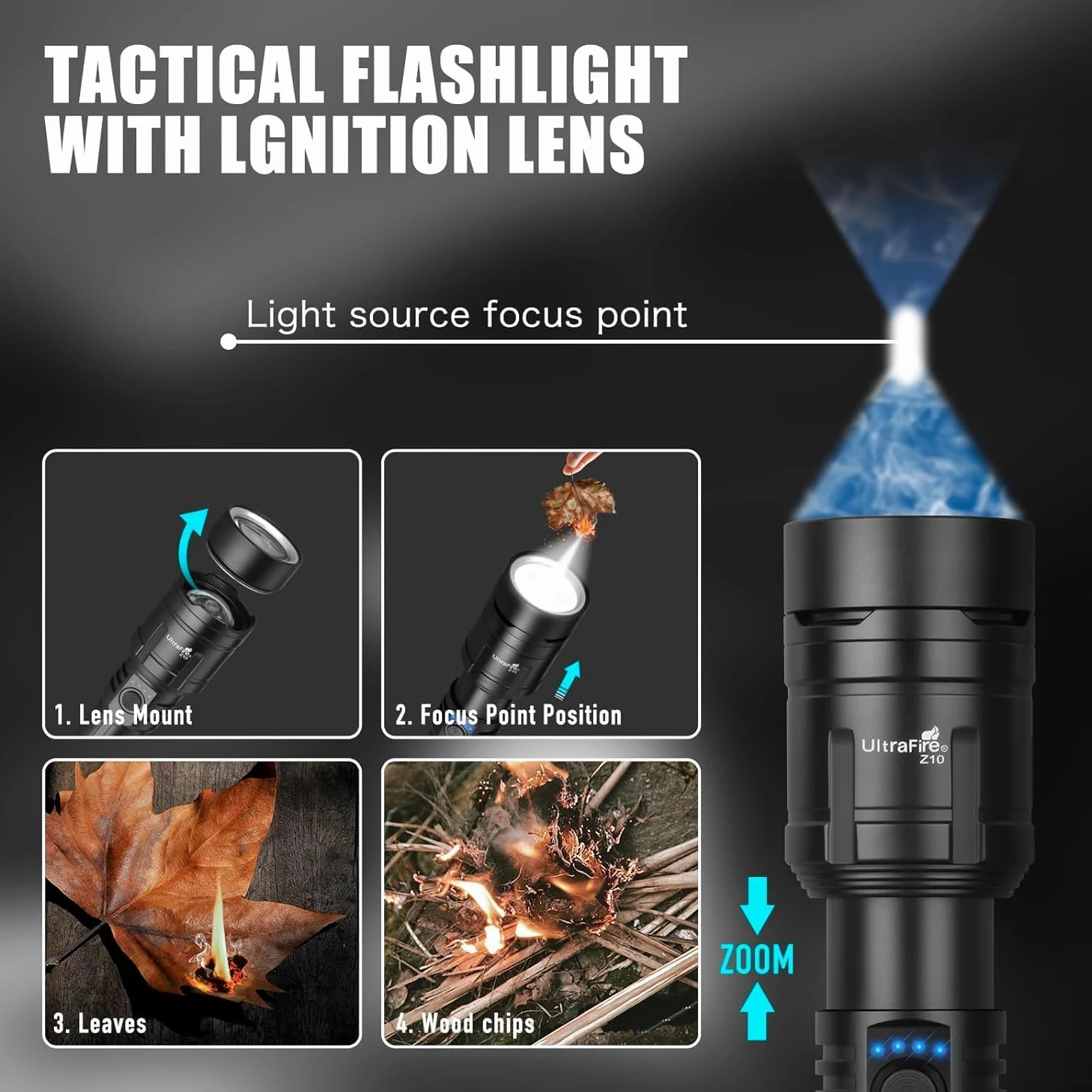 ULTRAFIRE Torcia LED ricaricabile da 1500 lumen con lente Lgnition, torcia tattica zoomabile con fondina per cintura, 3 modalità per campeggio all'aperto escursionismo Z10