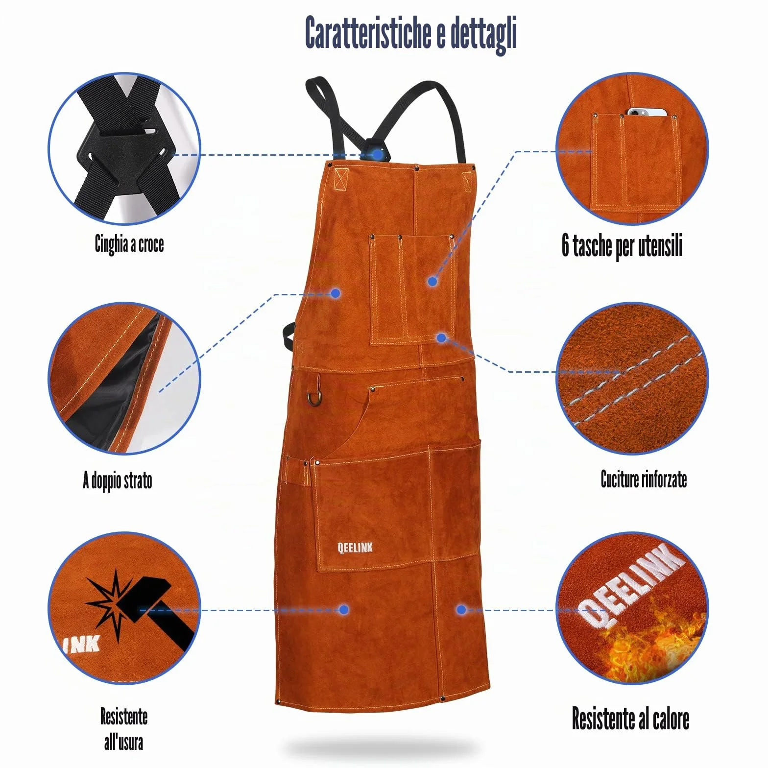 QeeLink Grembiule Saldatore in Pelle Resistente al Calore, Grembiule per Falegname con 6 Tasche, Grembiuli da Lavoro per Uomo Regolabile da M a XXXL per Fabbro, Carpentiere