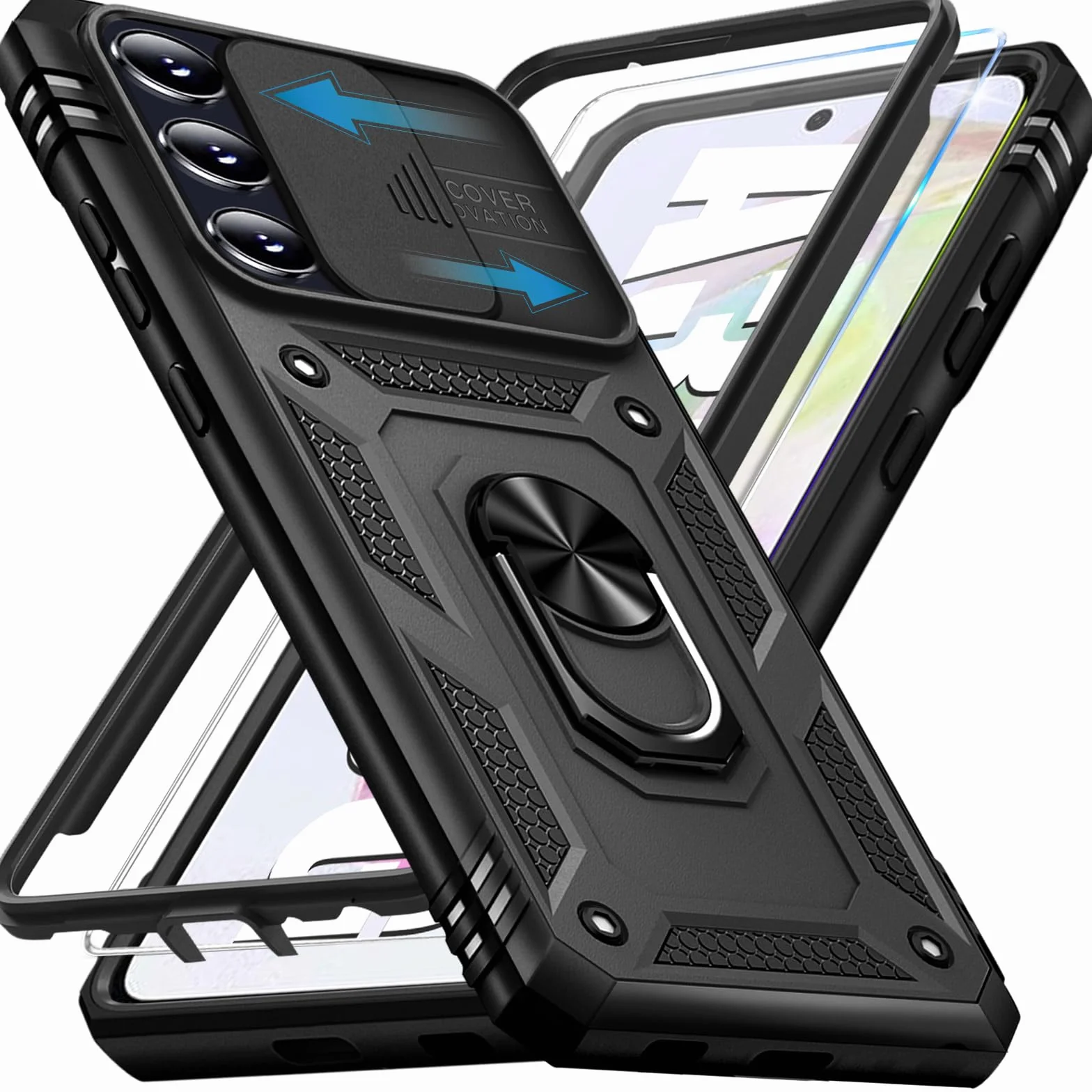 Giyer Cover per Samsung Galaxy A35 5G Custodia con Vetro Temperato, Antiurto Grado Militare 360° Anello Supporto Armor Bumper Case, Antiurto per Samsung A35 5G Cover (Nero)