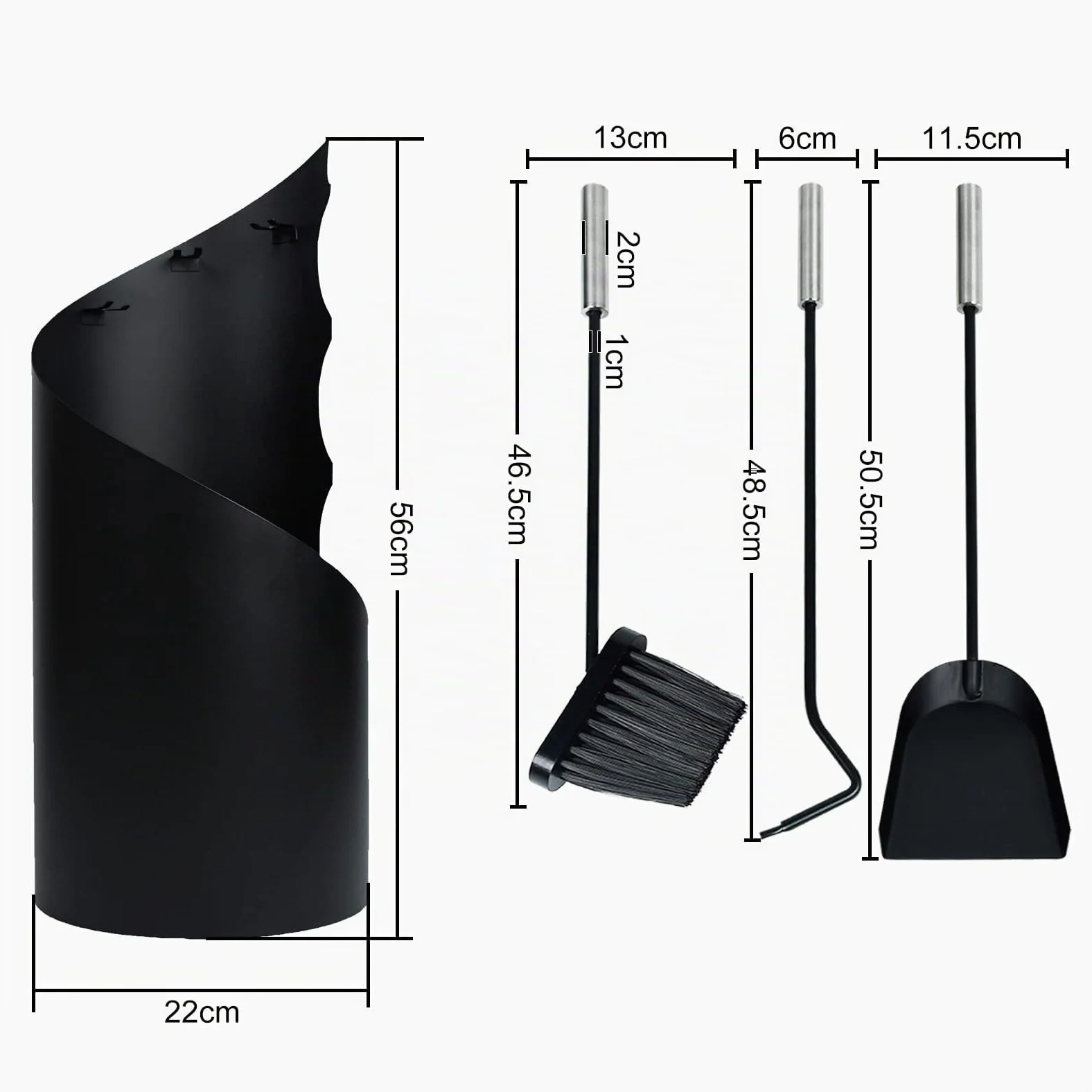HENGMEI Set di 5 accessori per camino in acciaio inox, set di posate per camino, con supporto, scopa, pinza, gancio, pala per stufa a legna (nero, tipo B)