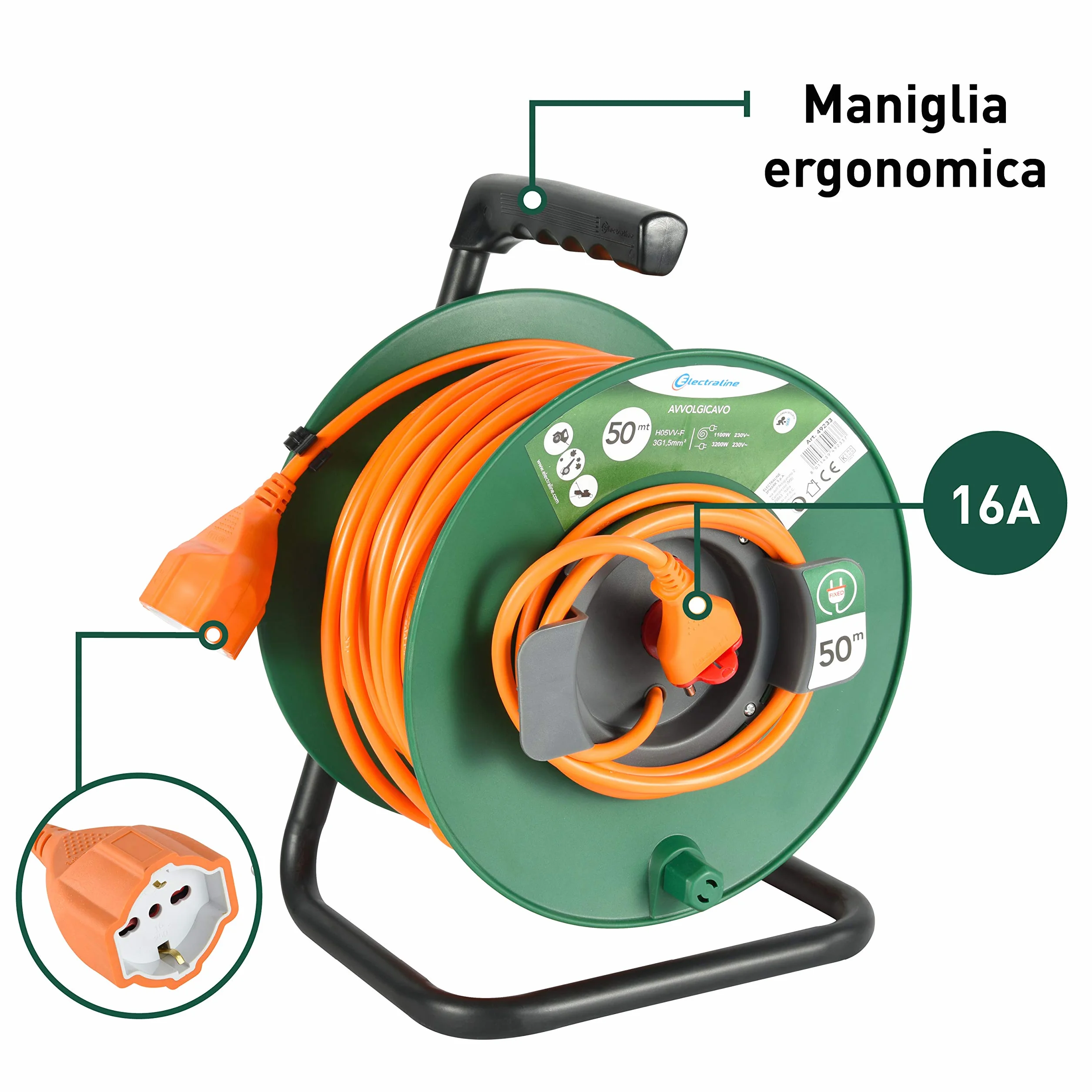 Electraline 49233 Prolunga Giardino con Avvolgicavo 50 mt Spina 16A e Presa Polivalente (Schuko + 10/16A) Adatta per Elettrodomestici da Giardinaggio, con Protezione, Verde/Arancione