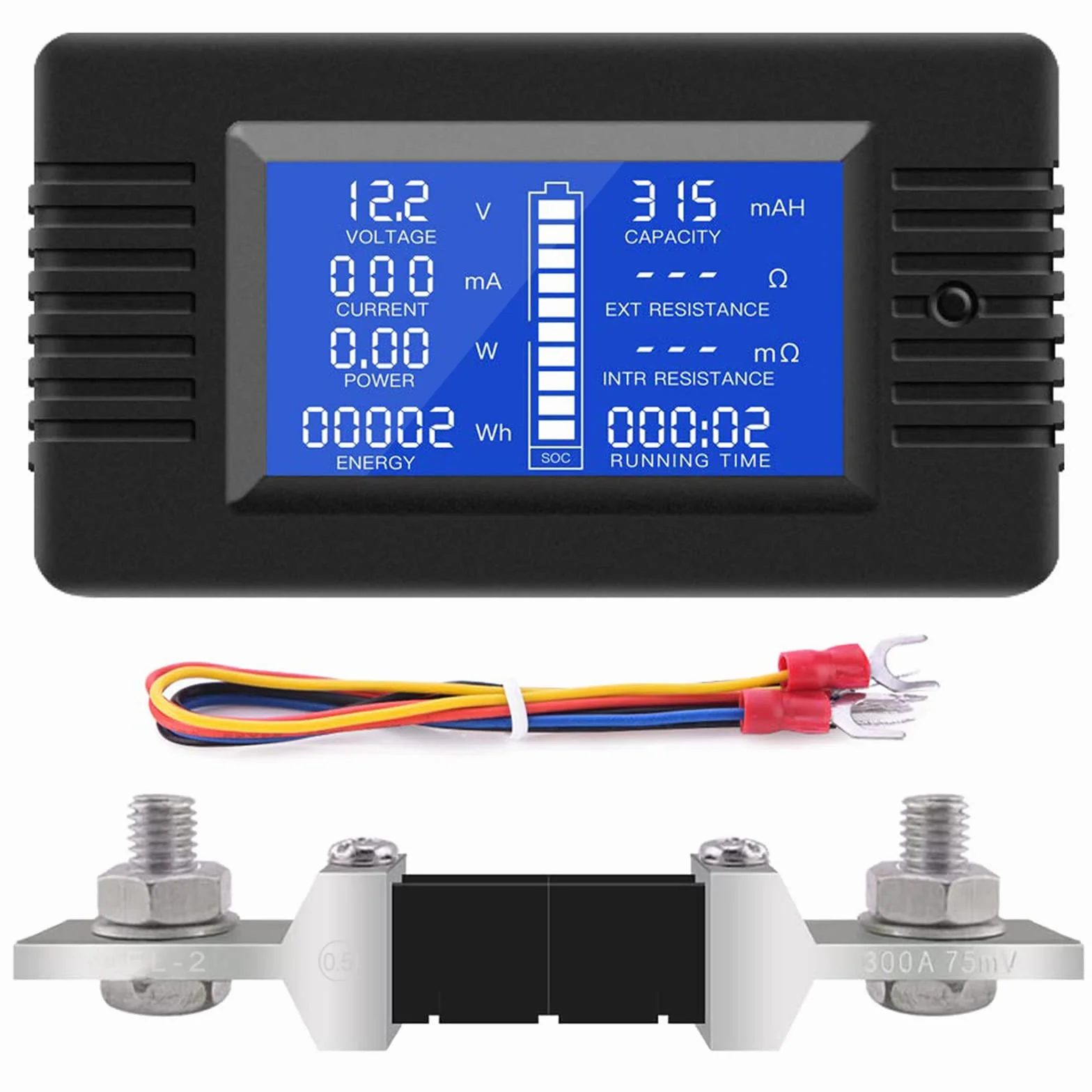 DC Shunt Battery Monitor Voltmetro DC 0-200V Shunt 100A Amperometro Digitale, Capacità della Batteria Misuratore, Multimetro Tensione Corrente per Batteria Auto RV Solare (PZEM-015+300A shunt)