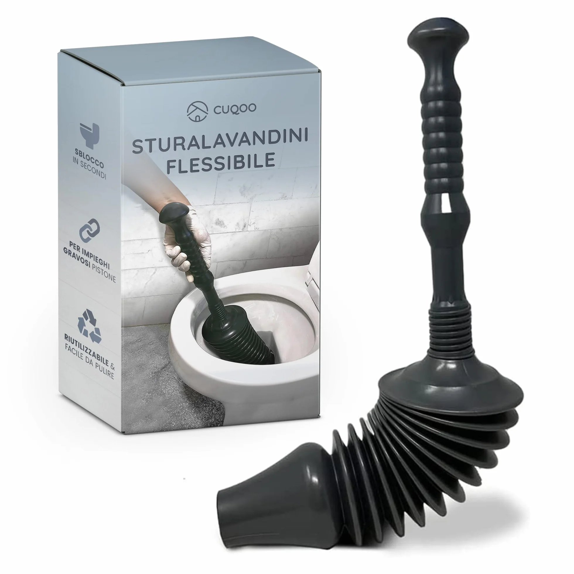 CUQOO Pulitore flessibile per WC con testa, potente, per bagno cucina lavandini vasca doccia