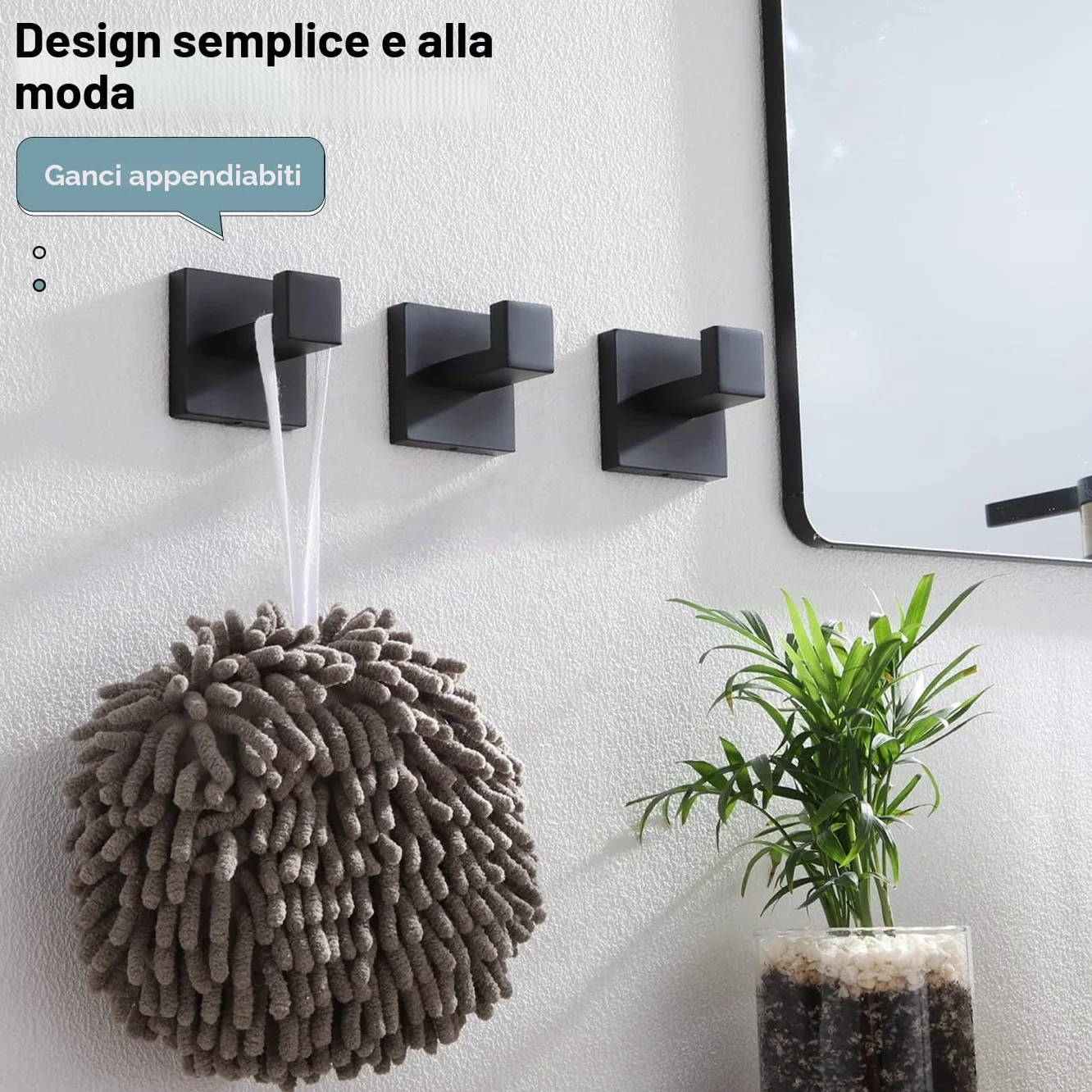 KOKOSIRI Gancio per asciugamano da bagno, da parete, quadrato, per accappatoio, bagno, cucina, garage, resistente, in acciaio inox SUS 304, confezione da 3 pezzi, nero opaco, B1010BK-P3
