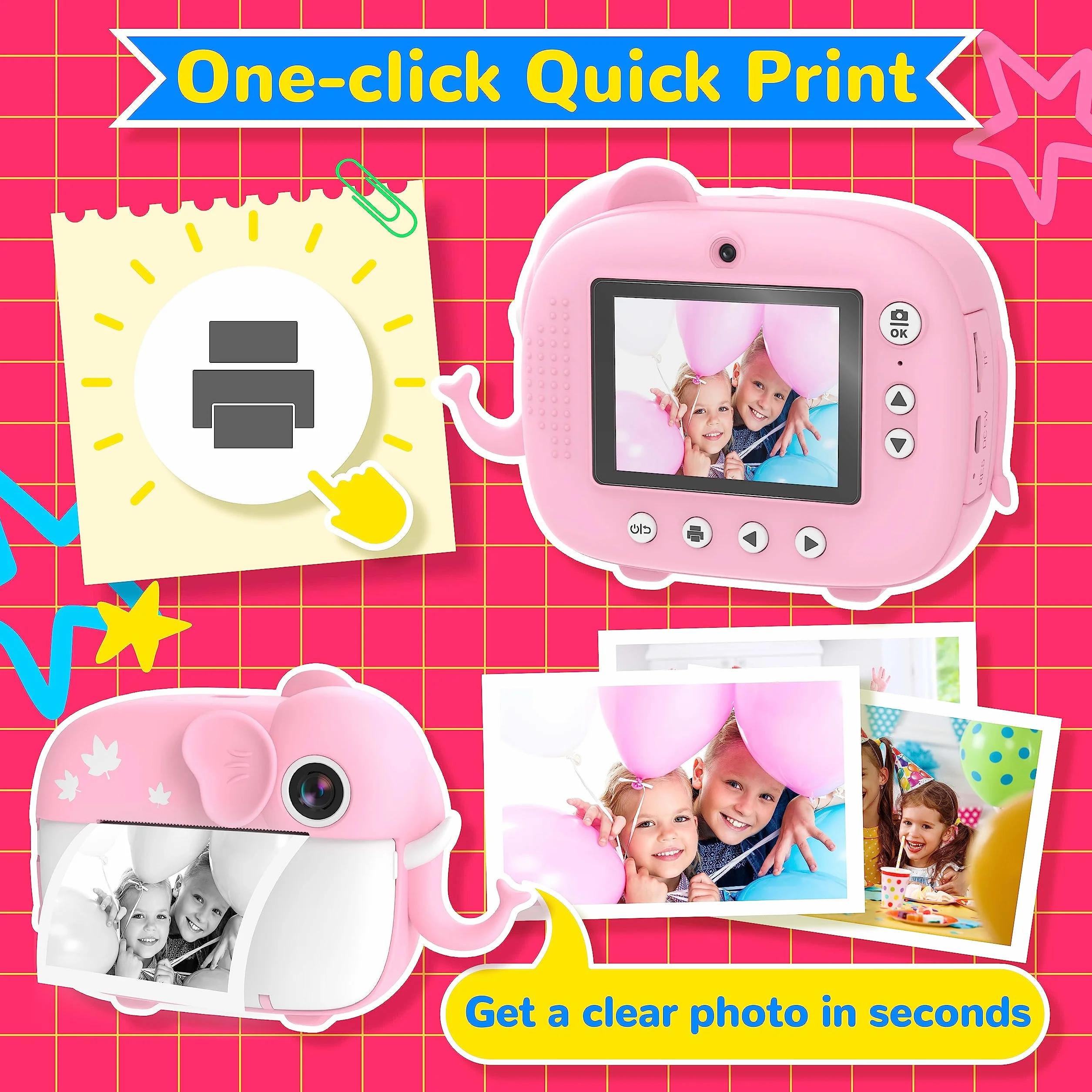 TIATUA Macchina Fotografica Bambini Istantanea, 20MP/1080P HD Videocamera, videocamera istantanea senza inchiostro con 32GB Scheda, Regalo per Bambini dai 3-12 Anni